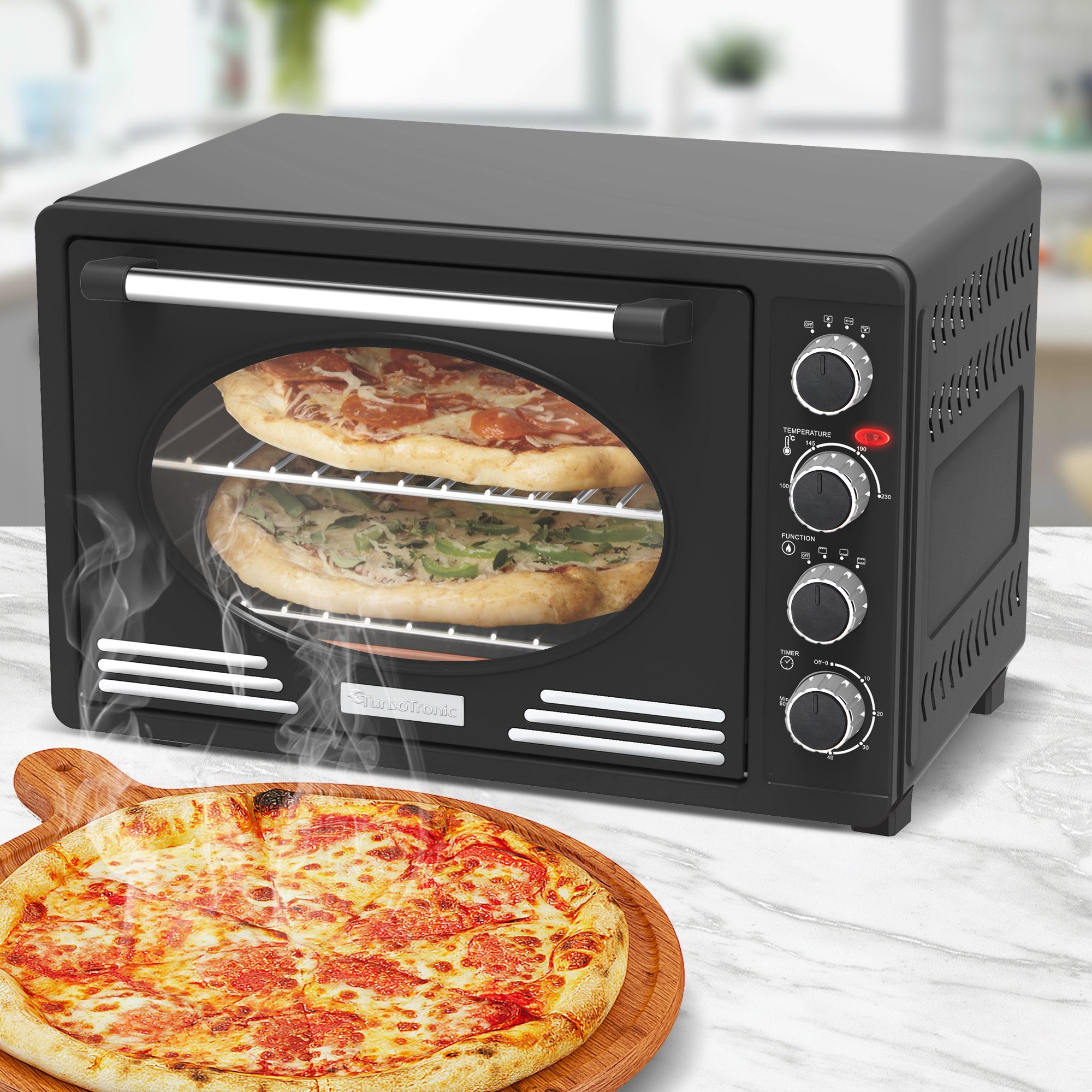 TurboTronic by Z-Line Minibackofen mit Umluft und Drehspieß 45 Liter, inkl. Backblech, 2000W Mini, Tisch Backofen Camping Pizzaofen Klein/Groß Vintage Retro schwarz