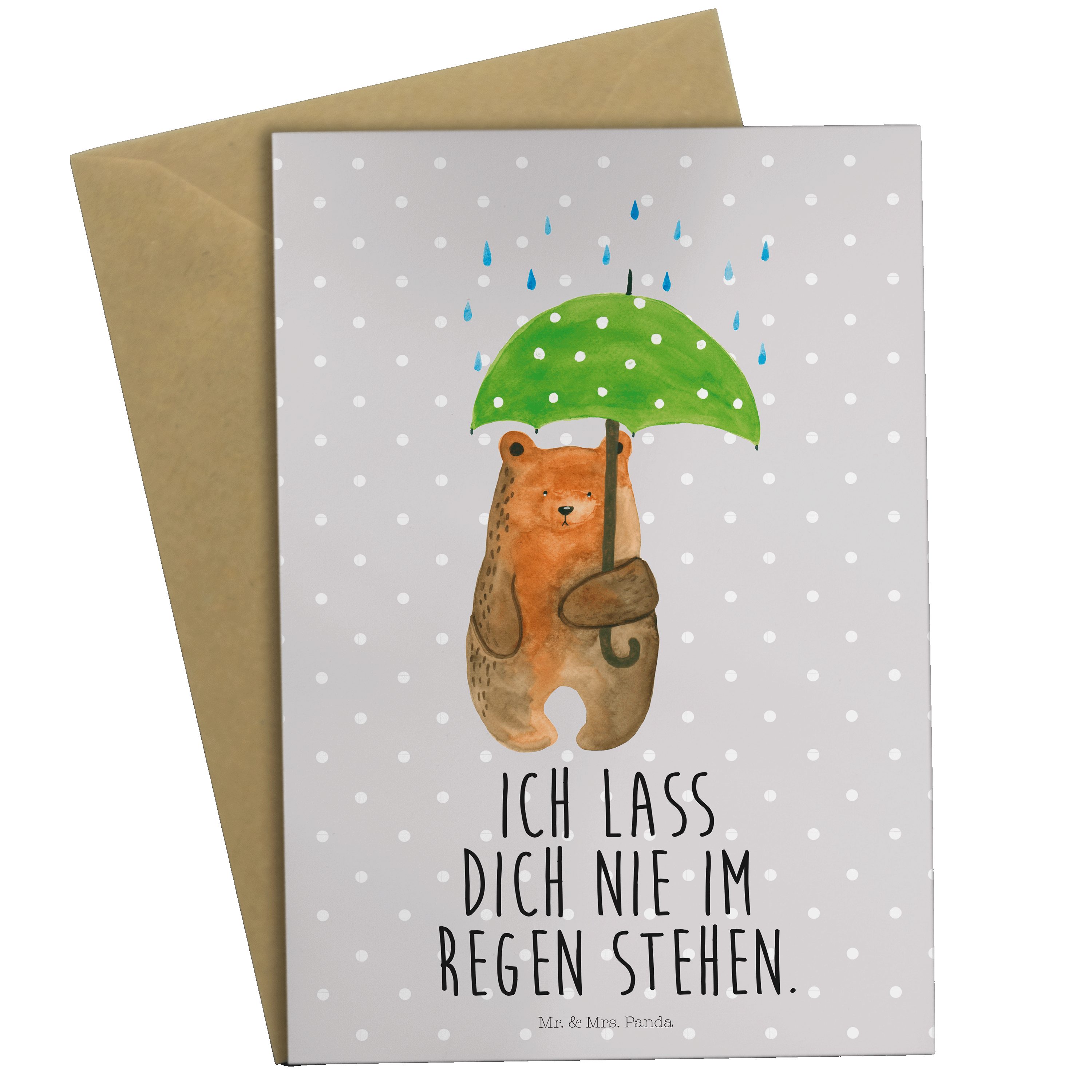 Mr. & Mrs. Panda Grußkarte »Bär mit Regenschirm Grau Pastell