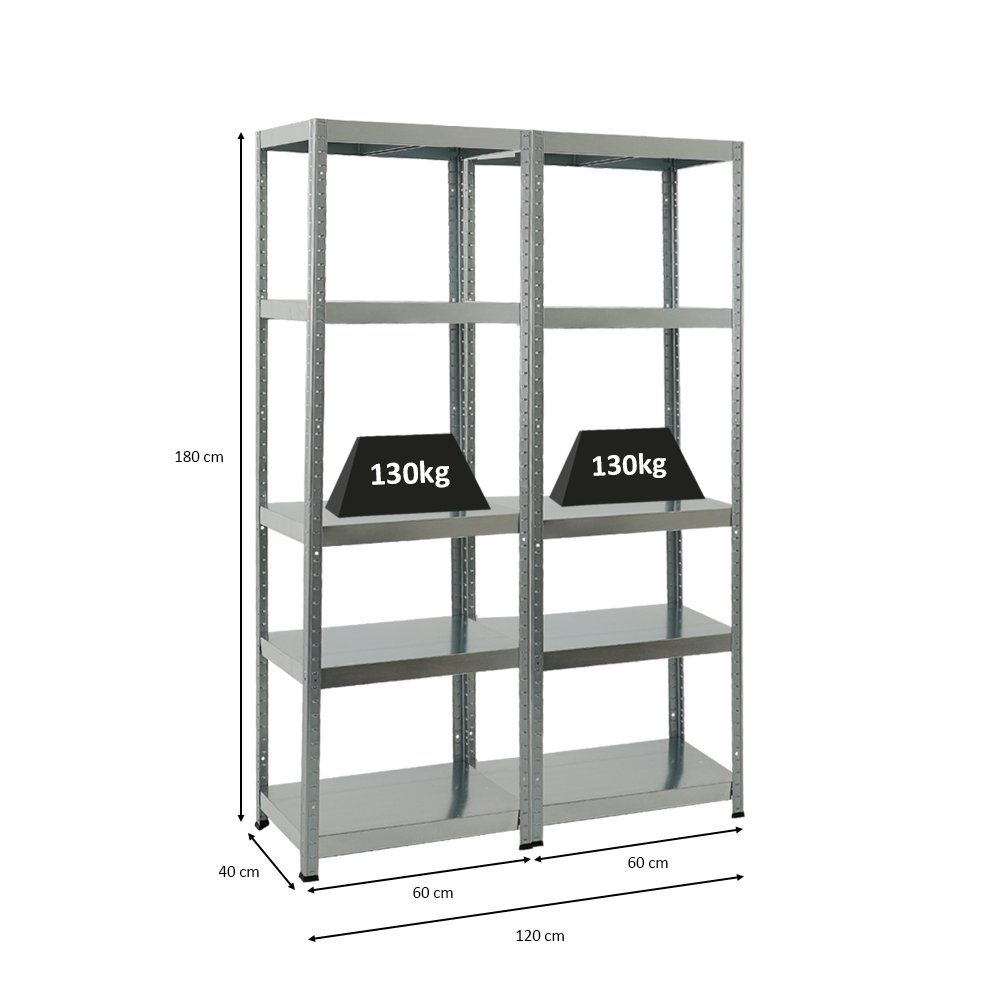 PROREGAL® Schwerlastregal MegaDeal 2x Lagerregal STEEL EAGLE 180x60x40cm Fachlast 130kg Verzinkt, 2-tlg., Stabiles Kellerregal Lastenregal Garagenregal Metallre – Bild 2 von 5