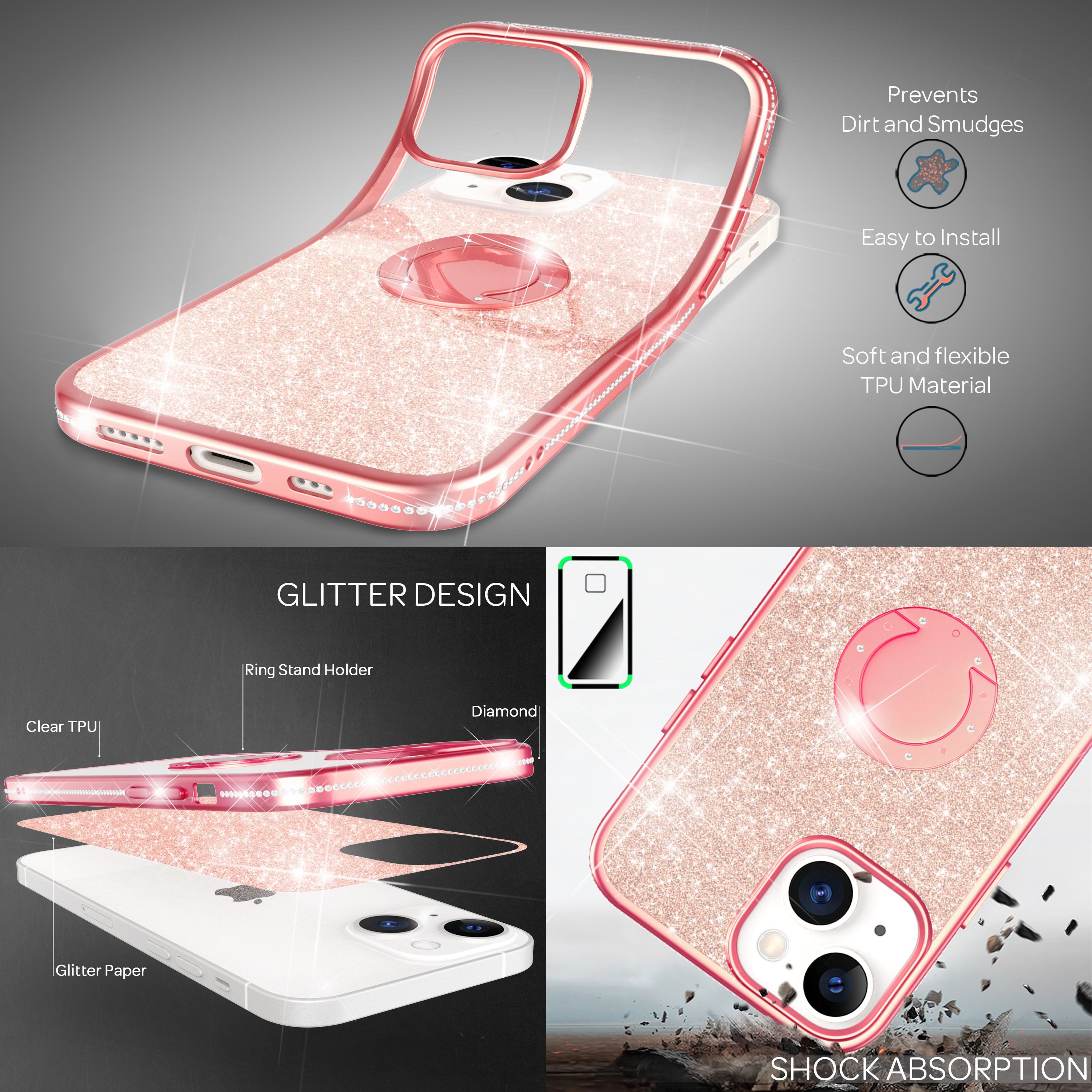 Nalia Smartphone-Hülle Apple iPhone 13 15,5 cm (6,1 Zoll), Glitzer Ring Silikon Hülle / 360 Grad Finger-Halter / Standfunktion