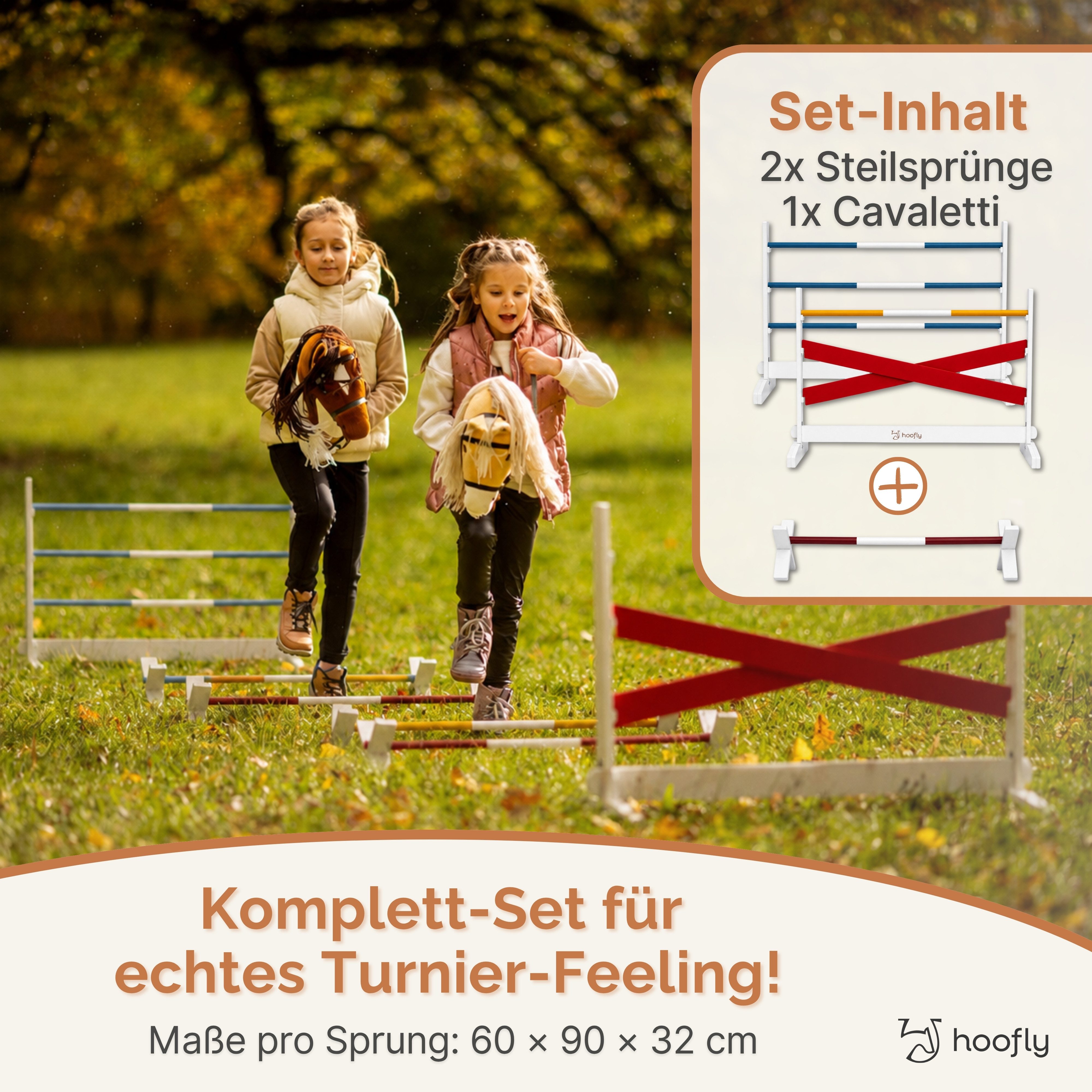 Hoofly Hürde Hobby Horse Hindernis-Set aus Holz (2 Steilsprünge, 1 Cavaletti, Hobby Horse Hindernisse), 3 Hindernisse (2 Steilsprünge, 1 Cavaletti) für Kinder