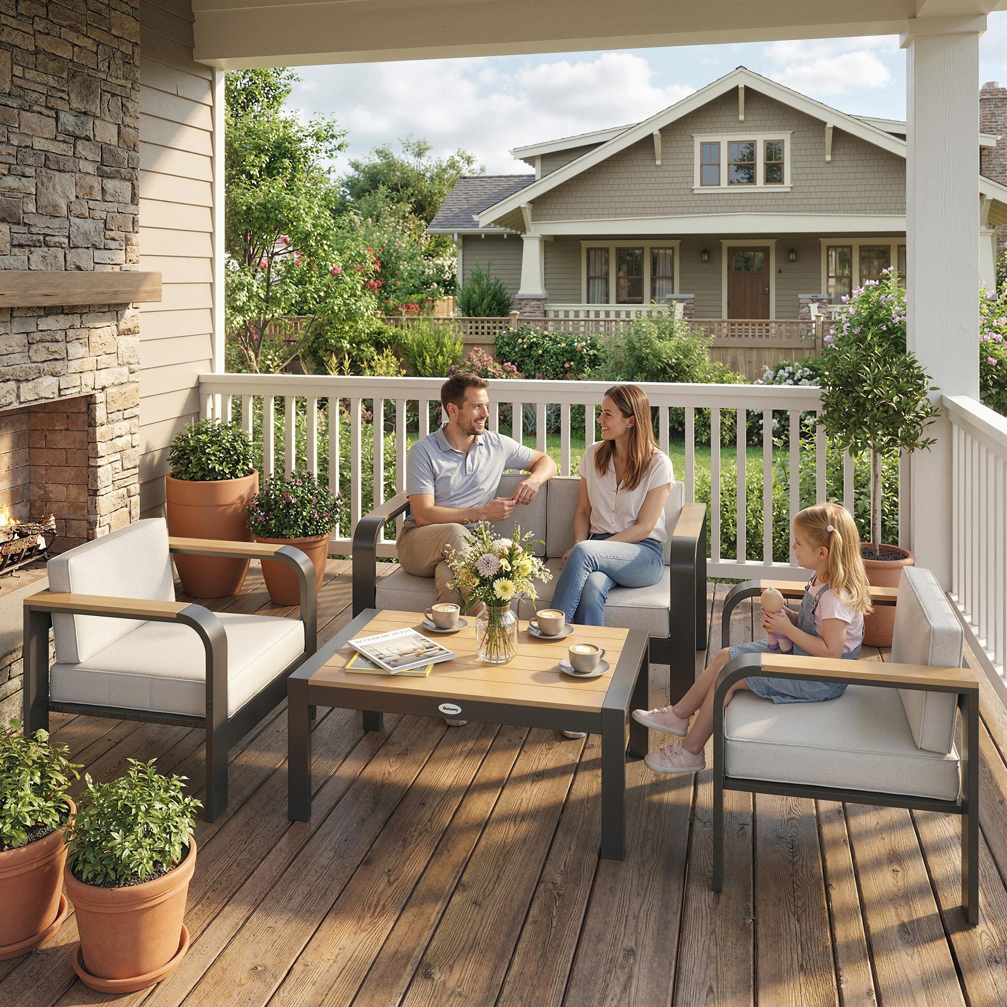 Outsunny Sitzgruppe Aluminium Wasserabweisend extra tiefe mit 2er Sofa, Balkonmöbel, (Gartenlounge, 4-tlg., Gartenmöbel Set), für Garten Balkon Beige
