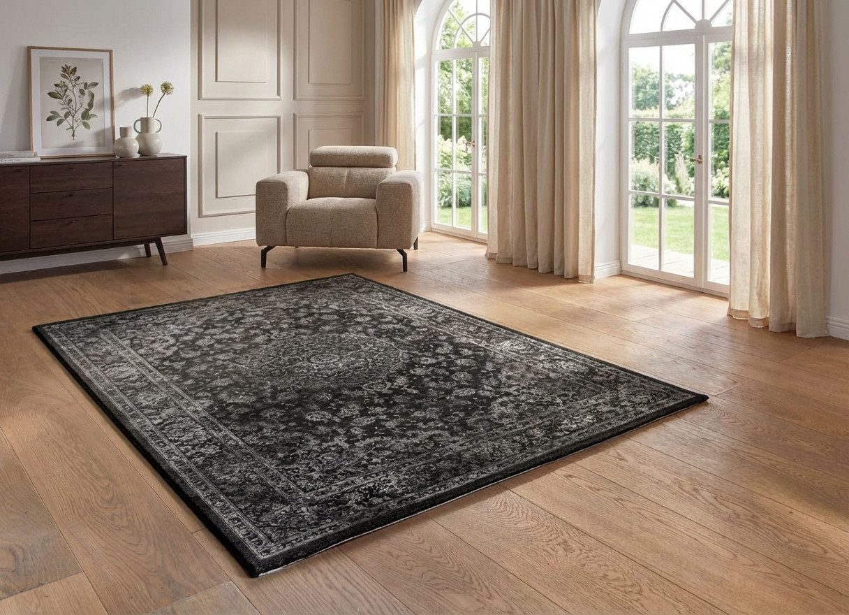 TaCa Home Teppich Vintage Designer Teppich, rechteckig, Höhe: 14 mm, Wohnzimmer Schlafzimmer, anthrazit - 133 x 195 cm