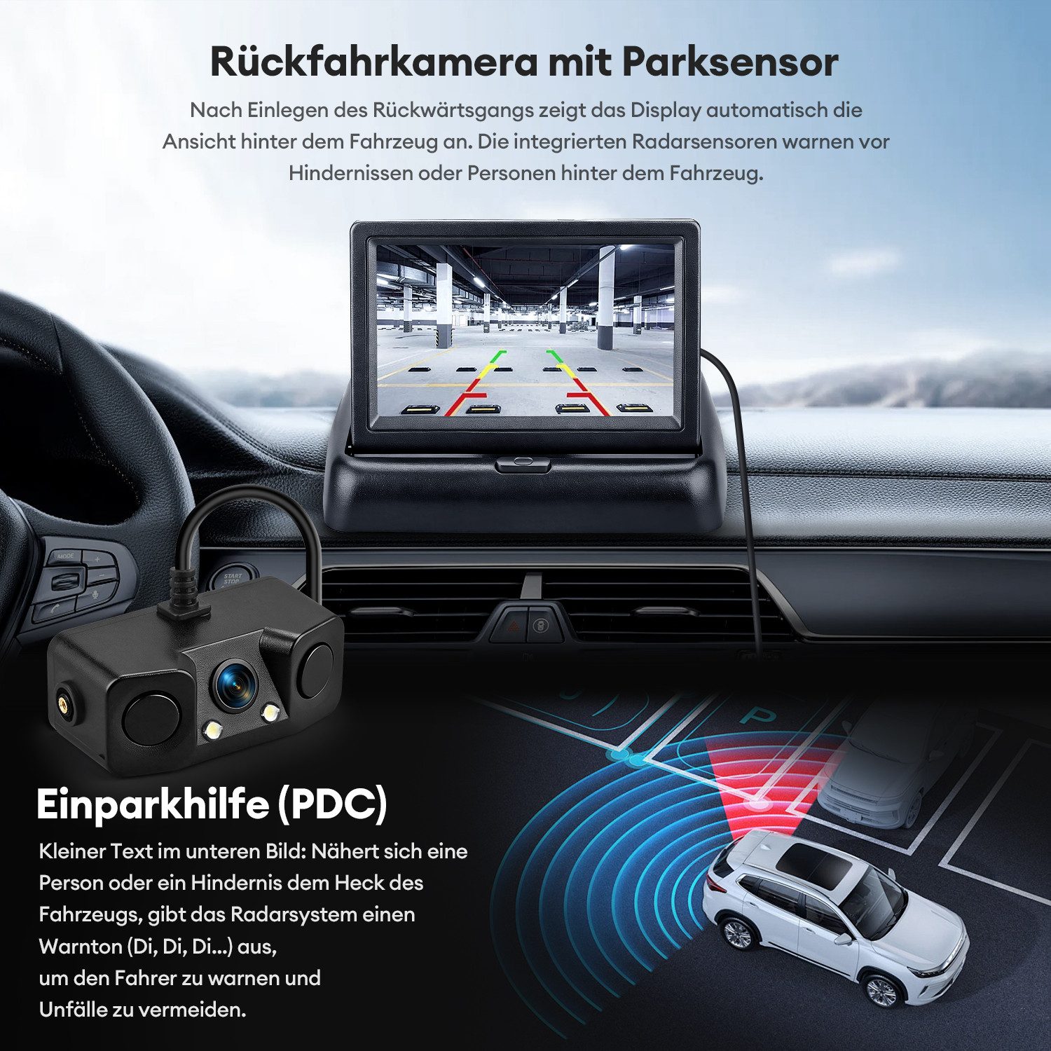 CkeyiN Pro Rückfahrkamera Auto,4,3" Monitor,120° Weitwinkel Rückfahrkamera (Wasserdicht IP68,mit Nachtsicht,Einparkhilfe, für alle Automodelle (12 Volt)