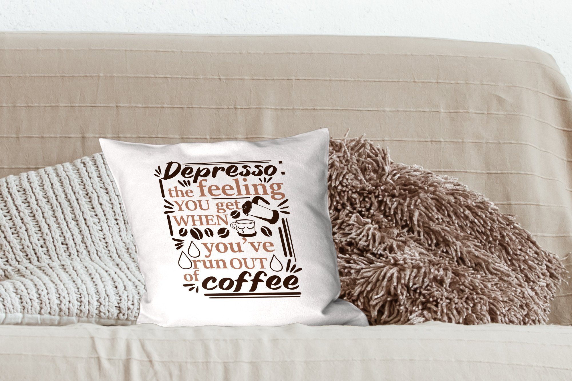 MuchoWow Dekokissen Kaffee - Sprichwörter - Sofakissen Zierkissen Kaffeekanne, mit für Schlafzimmer, Wohzimmer, Deko, Füllung