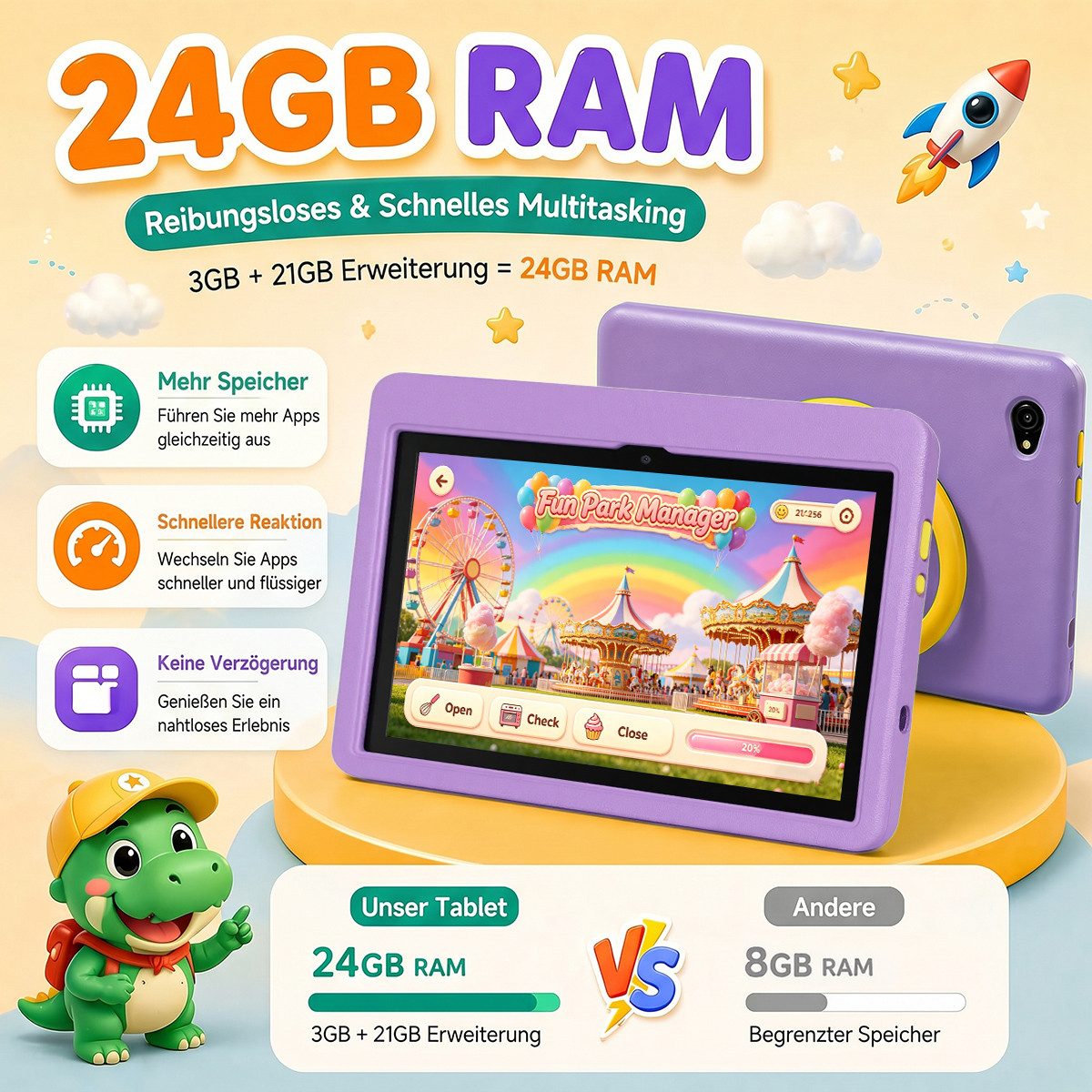 Happybe 10,1 Zoll 24GB(3+21) RAM 128GB HD IPS 6000 mAh Android 16 Kinder Tablet (10.1", 128 GB, Android)