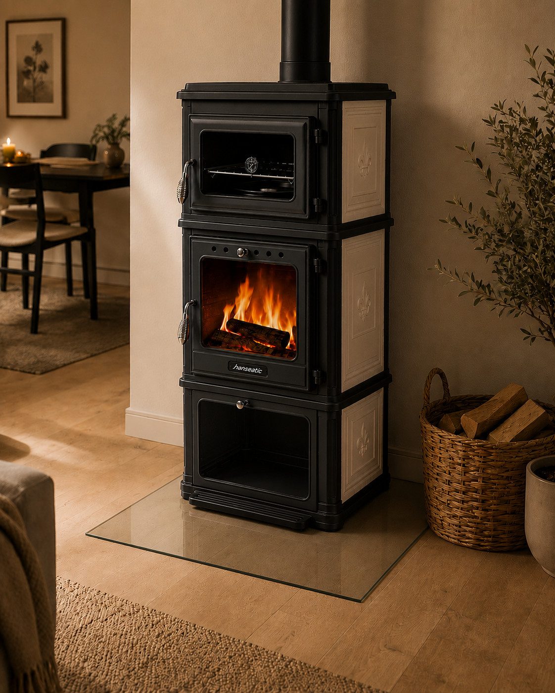 Hanseatic Kaminofen Minerva Beige, 7,1 kW, Zeitbrand, Großer Feuerraum