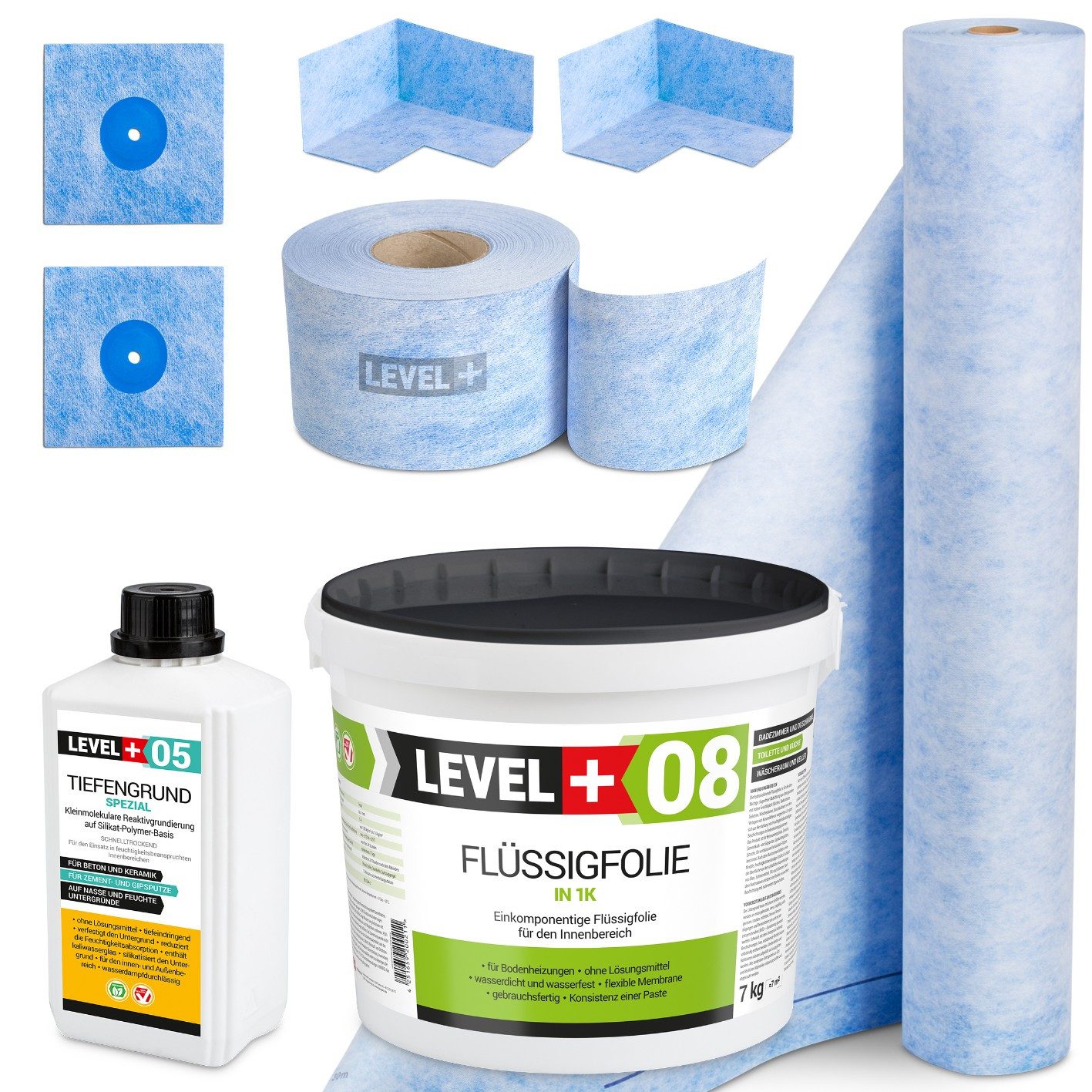 Level+ Dichtstoff Dichtset für Duschabdichtung Bad Dichtband Flüssigfolie 7kg SET58
