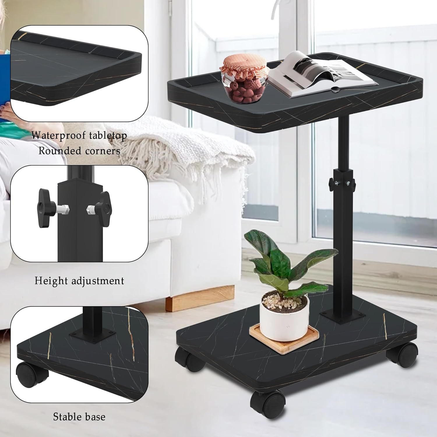 Refined Living Beistelltisch Verstellbarer C-förmiger Beistelltisch,Couchtisch,Sofatisch mit Rollen (Höhenverstellbar 45–80 cm, mit 360° drehbar, Couchtisch klein, Nachttisch flexibel, Tisch unter Sofa schiebbar, Arbeitsplatz, Sofa Beistelltisch, platzsparend, stabil, mobil, Einfache Montage, 1-St., Zwei Ebenen Stauraum, Wohnzimmertisch mobil, 360° drehbarer Couchtisch), für Sofa,Bett,Stuhl,Familien,Wohnzimmer,Schlafzimmer,Büro,Wohnung