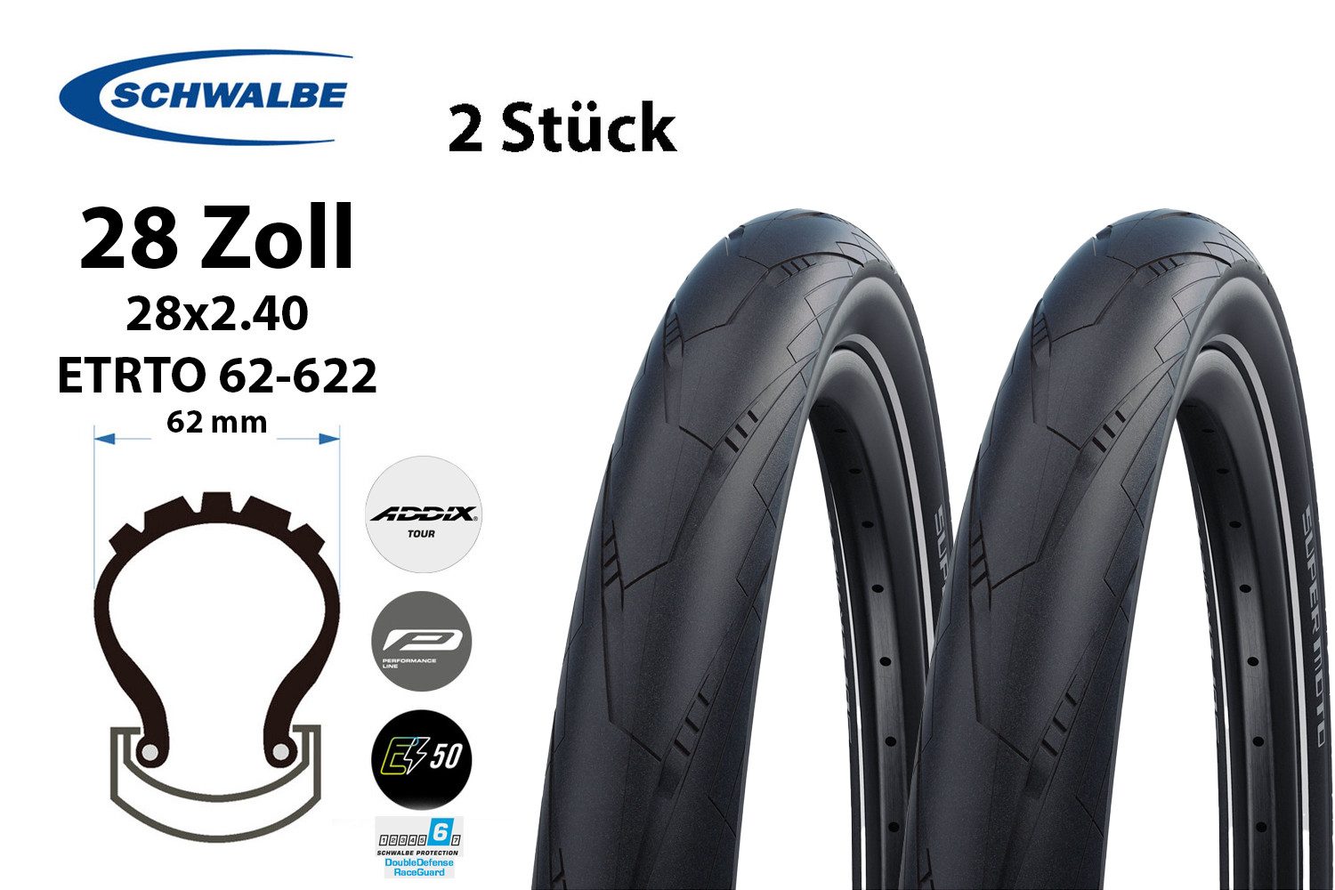 Schwalbe Fahrradreifen 2 Stück 28 Zoll Schwalbe SUPER MOTO 29x2.4 62-622 DD mit Reflex, (2-tlg), E-50 Ready