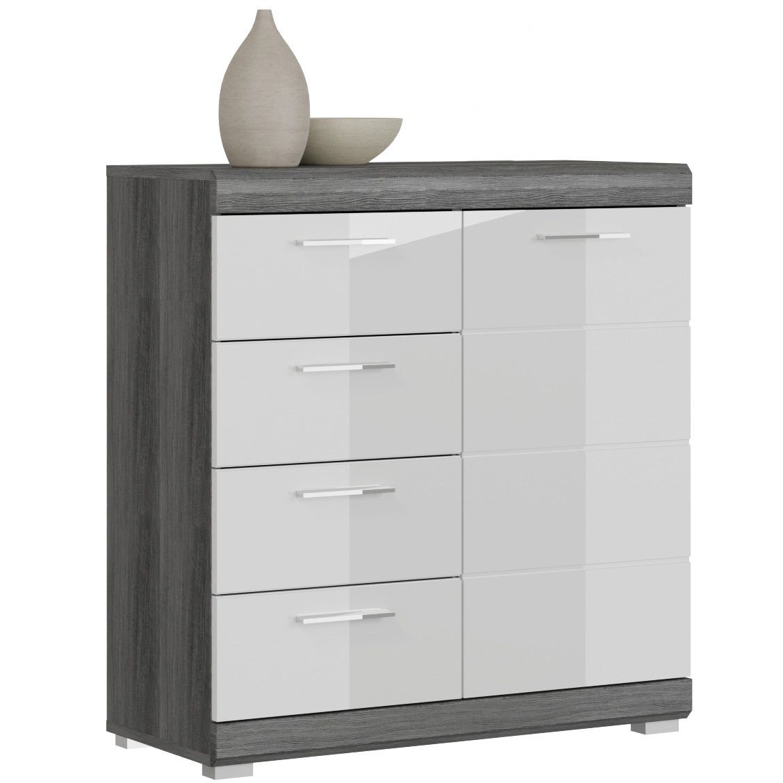 Newroom Kommode Hunter, Kommode Weiß Hochglanz Rauchsilber Sideboard Highboard Modern Zeit...