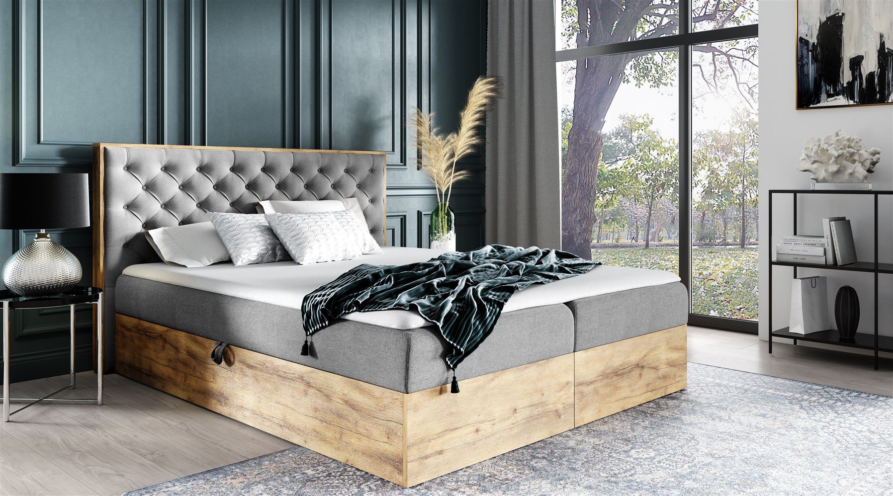 Fun Möbel Boxbett Schlafzimmerbett DIONA Überlänge in Stoff Faro (auch in Standardlänge erhältlich, inkl. Kaltschaumtopper und Bettkästen), Rahmen des Bettes in Artisan Eichen-Optik