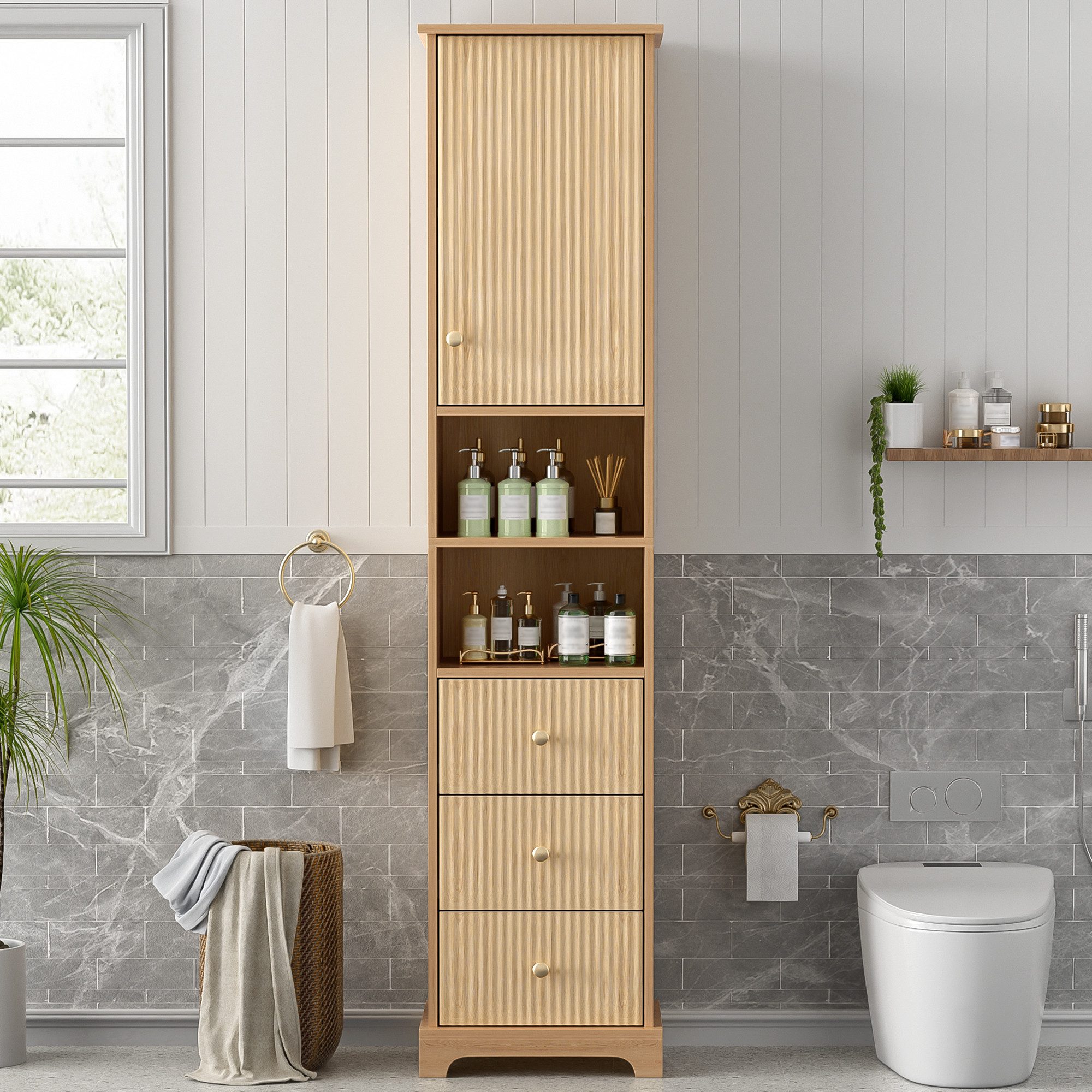 Flieks Badkommode Hochschrank mit 3 Schubladen, 4 Fächern und verstellbare Einlegeböden (Mehrzweckschrank Holzoptik in Lanhausstil mit Metallgriffen, 1 St., B40/T30/H172 cm), Badezimmerschrank feuchtigkeitsbeständiger Holzschrank aus MDF Natur