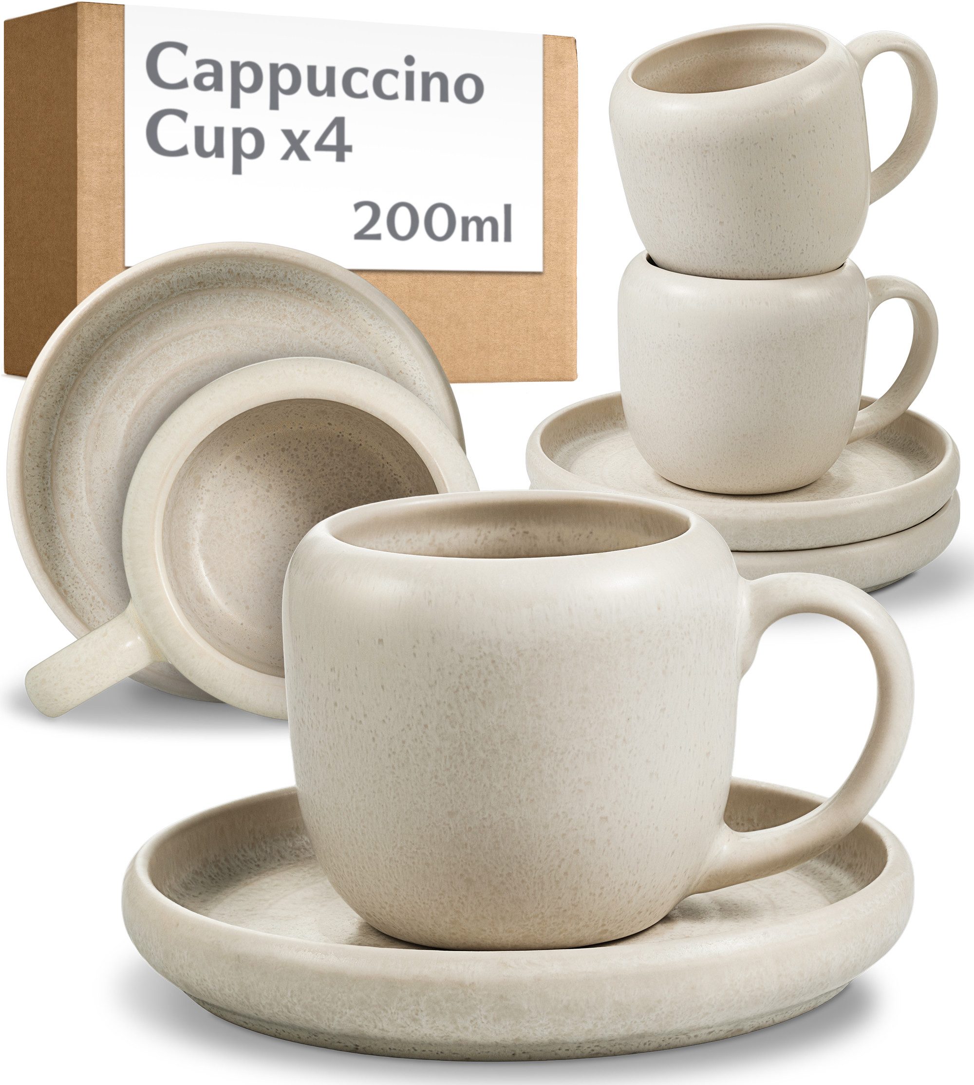 Cosumy Cappuccinotasse 4er Cappuccino Tassen Set mit Untertassen Weiß – 200 ml Keramik, 4-tlg., Steingut, Handglasiert, dickwandig hält Kaffee lange warm, Set für 4 Personen