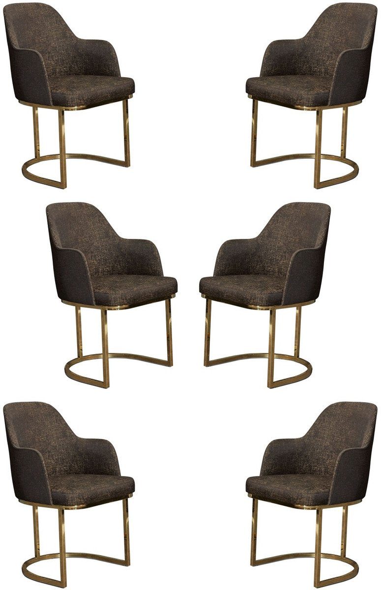Casa Padrino Esszimmerstuhl Luxus Esszimmer Stuhl Set Grau / Gold 70 x 95 x H. 96 cm - Küchen Stühle 6er Set - Esszimmerstühle mit Armlehnen - Luxus Esszimmer Möbel