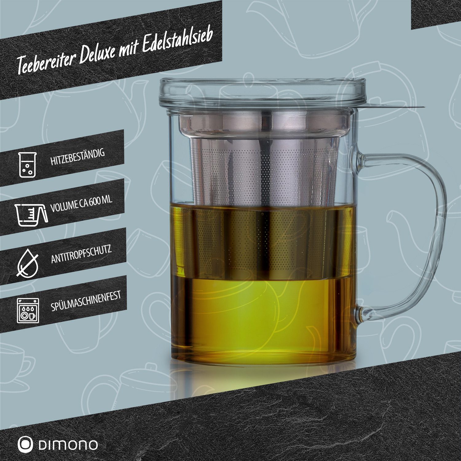 Dimono Teeglas Dimono Teeglas 450 ml mit Sieb & Deckel – Glas Teebereiter Deluxe, Tee-Filter Tasse mit Deckel