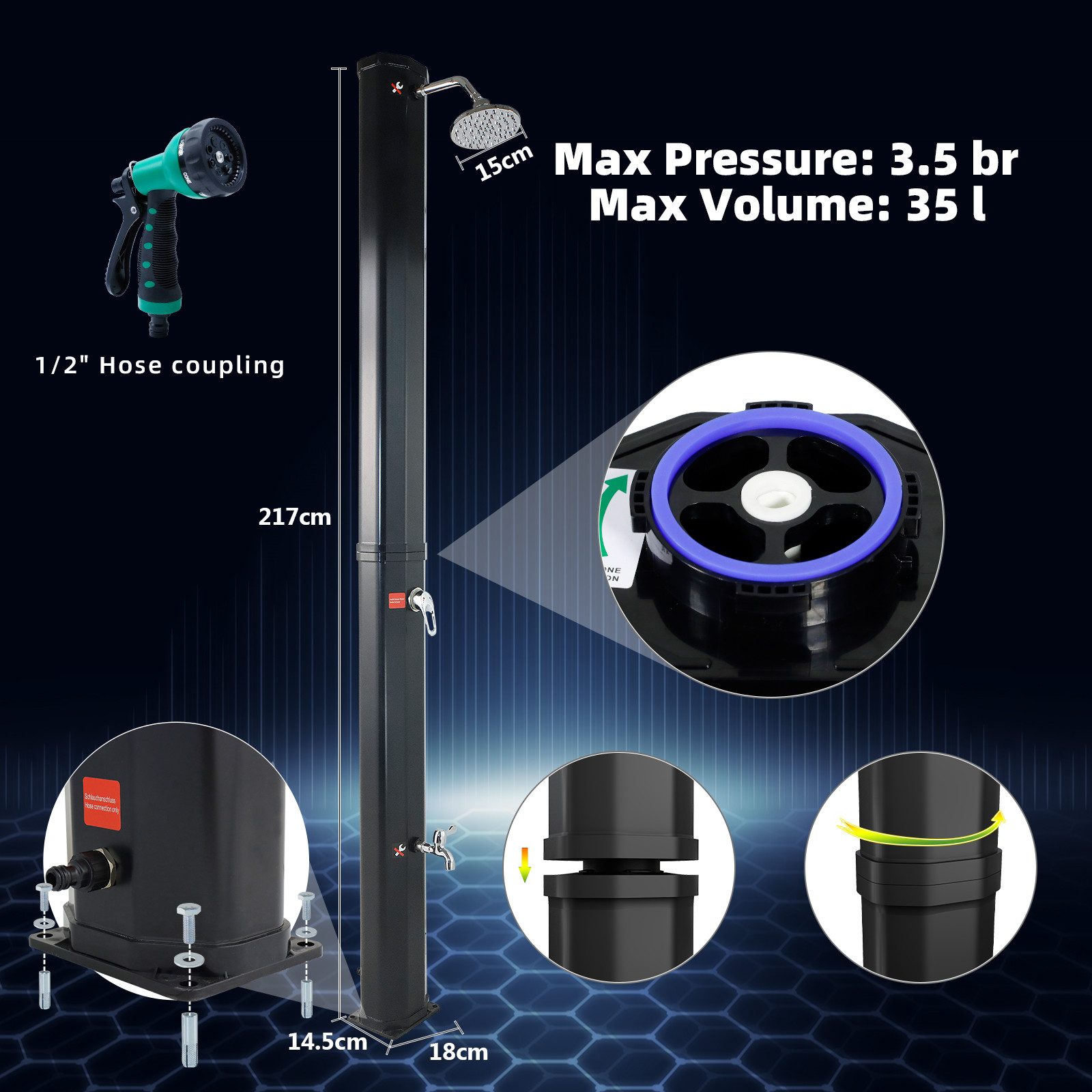 CCLIFE Gartendusche Solardusche und Handbrause Pooldusche Regendusche Außendusche, 35L, 40L, 60L, bis 60°C, inklusive Abdeckhaube