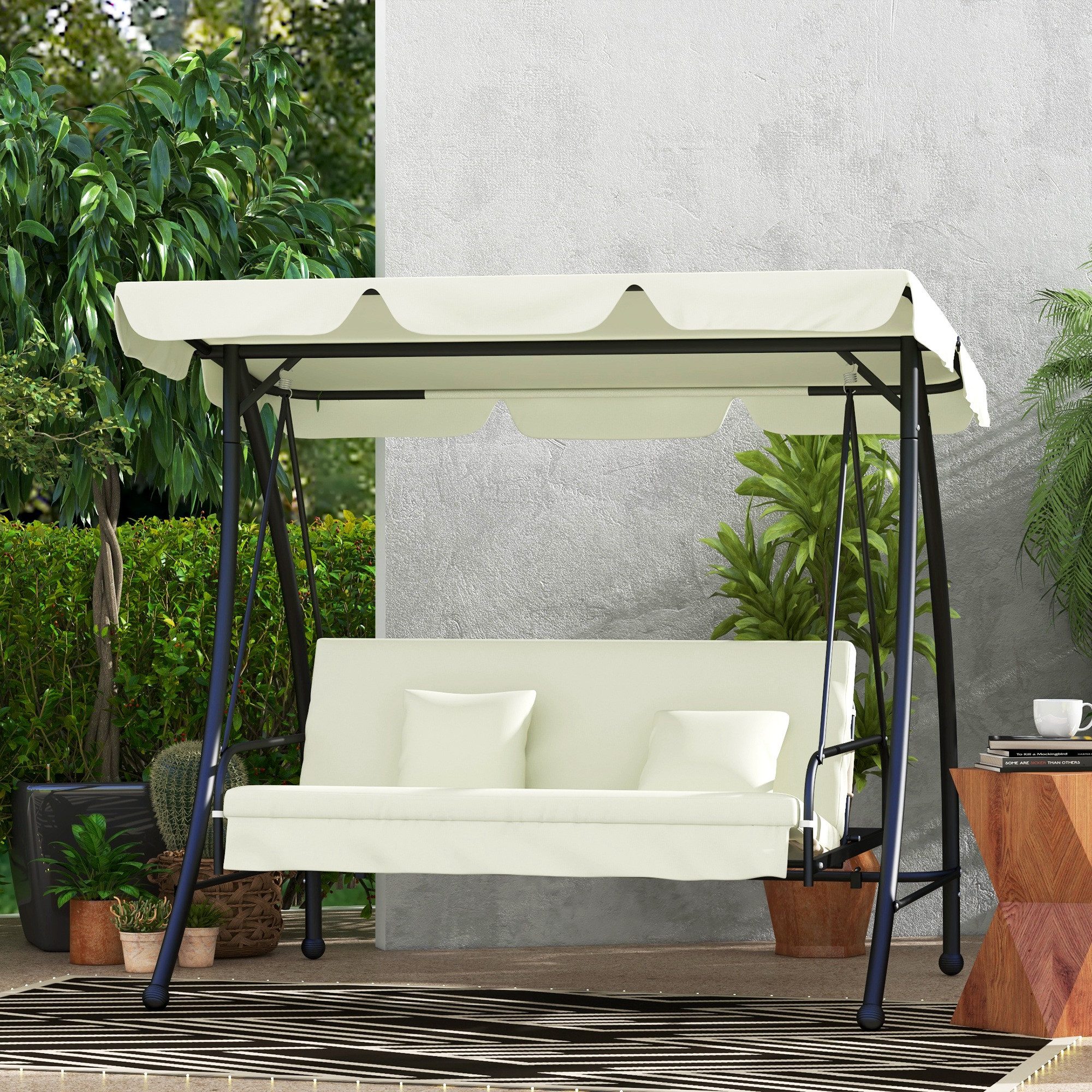 Outsunny Hollywoodschaukel Gartenschaukel mit Sonnendach, belastbar 240 kg, Gartenliege, 3-Sitzer, Bettfunktion, 3-Sitzer Gartenschaukel, 1 tlg., Schaukelbank, für Garten, Terrasse, 200x125x170 cm, Cremeweiß