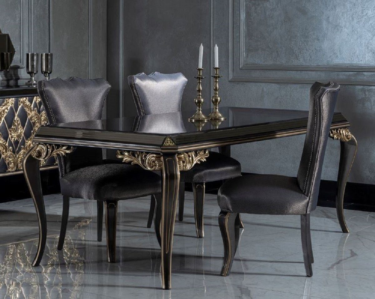 Casa Padrino Esszimmer-Set Luxus Barock Esszimmer Set Blau / Schwarz / Gold - 1 Esstisch mit Glasplatte & 6 Esszimmerstühle - Edle Esszimmer Möbel im Barockstil