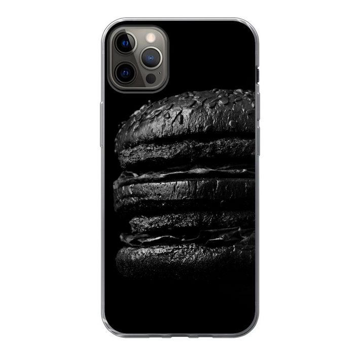 MuchoWow Handyhülle Hamburger auf schwarzem Hintergrund in schwarz und weiß Handyhülle Apple iPhone 13 Pro Max Smartphone-Bumper Print Handy