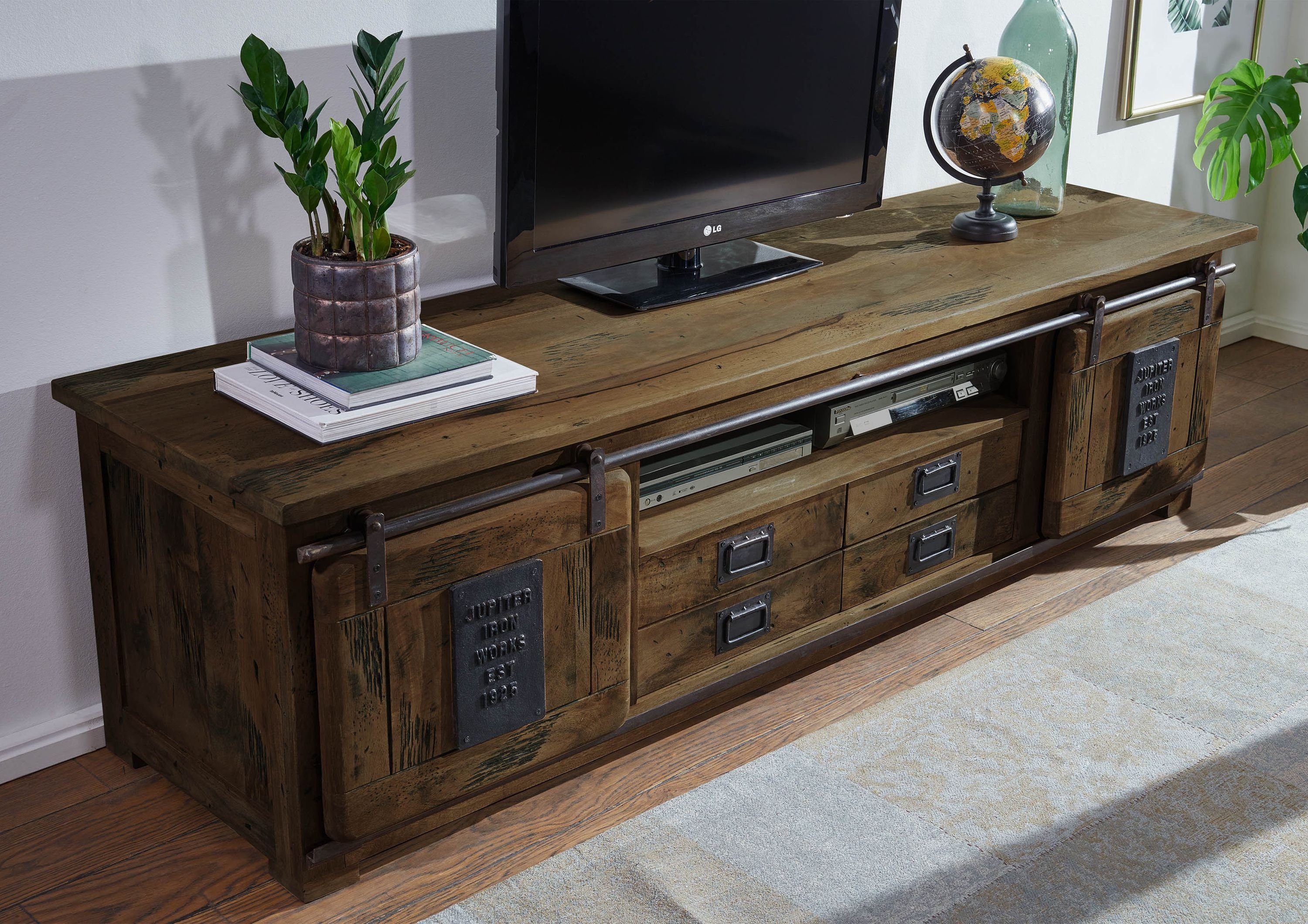 Massivmoebel24 TV-Board (Massivholz), Mango 180x55x50 braun lackiert RAILWAY #446