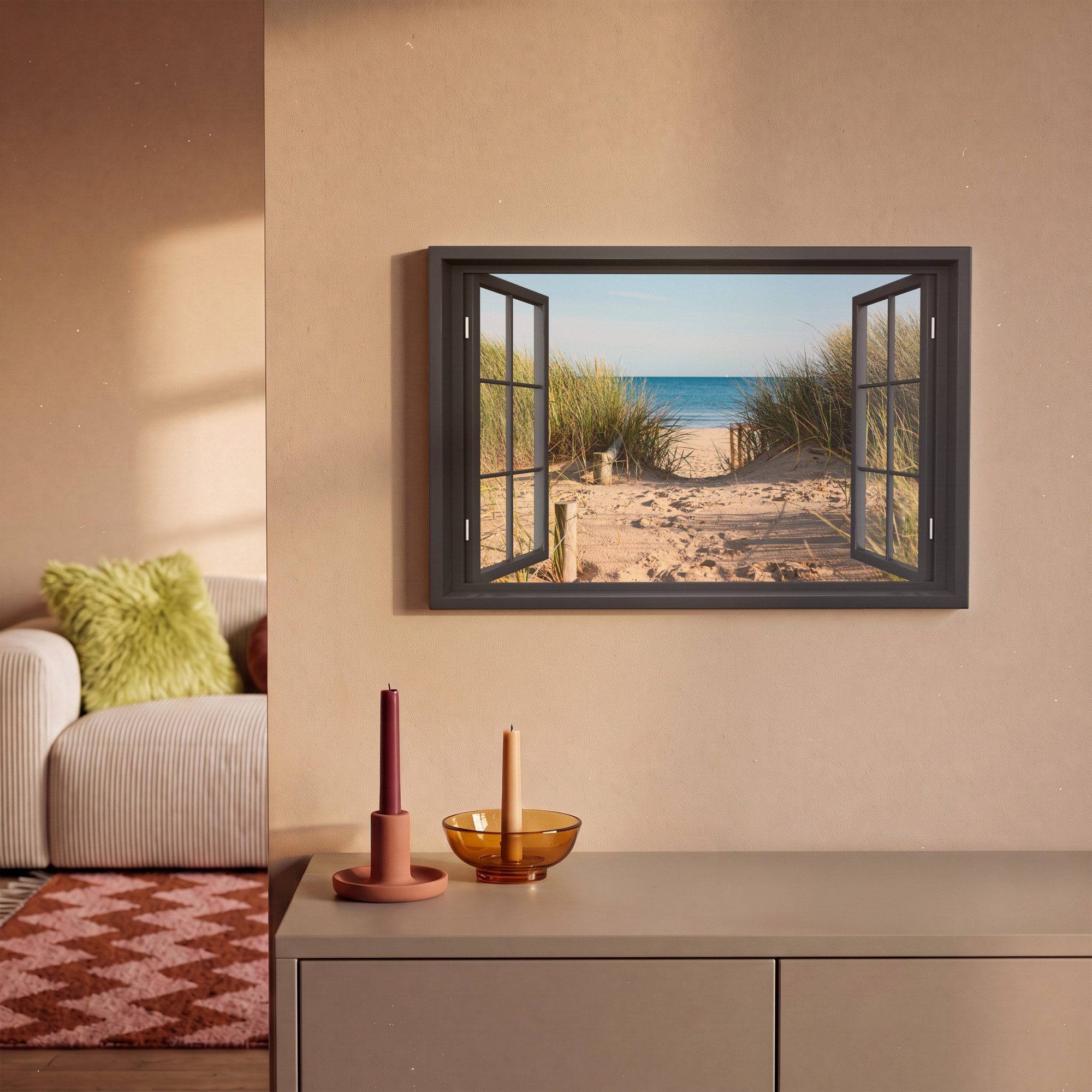 OneMillionCanvasses® Leinwandbild Durchblick - Strand - Meer - Sand - Wasser - Strandhafer - Dünen, Fotodruck (1 St), Leinwand Bilder Klein, Wand Dekoration Aes – Bild 2 von 5
