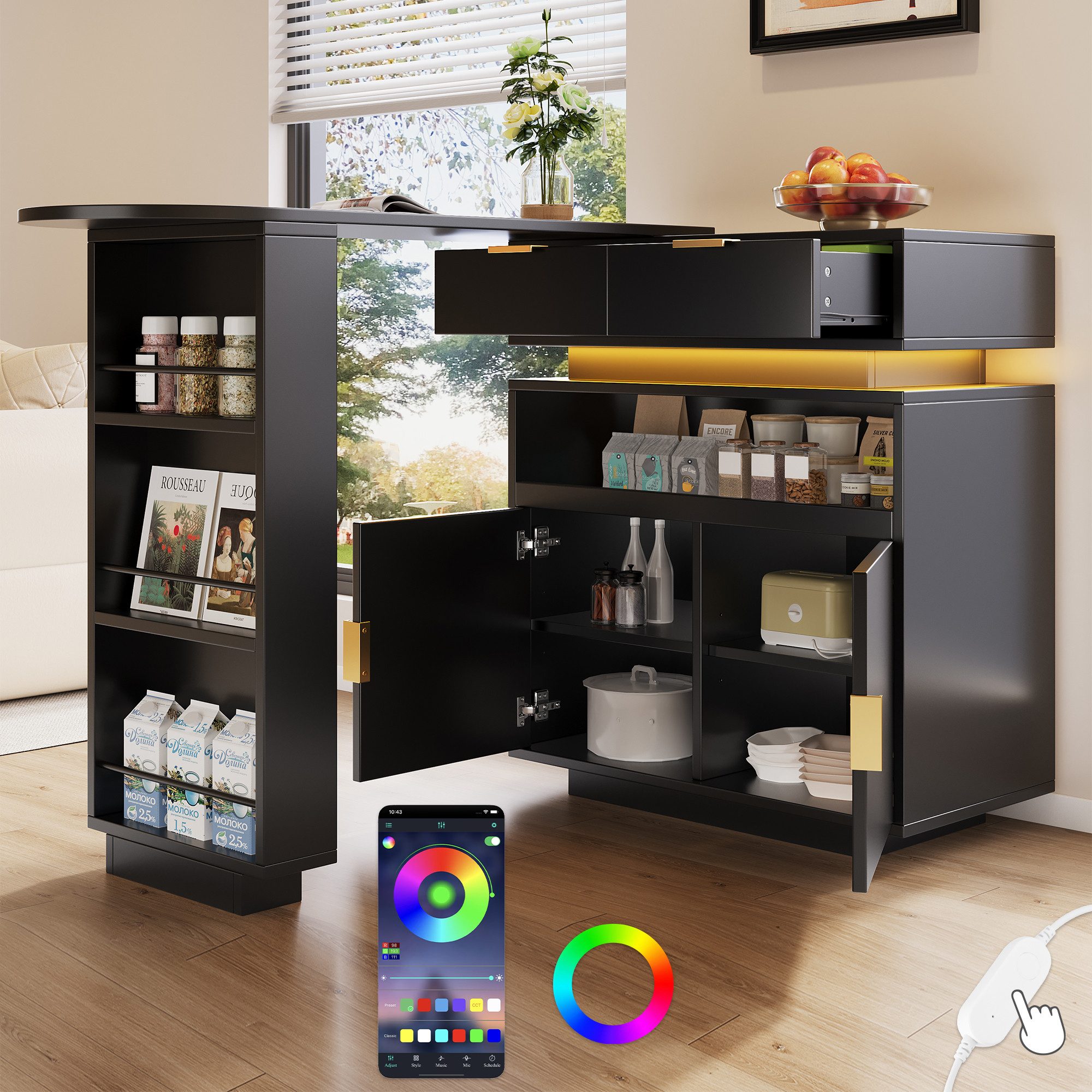 Merax Bartisch 360° drehbar Stehtisch mit LED-Beleuchtung (mobile Kaffeebar, geeignet für Küche/Esszimmer/Wohnzimmer, 1-St., 115–183 × 40 × 99,5 cm), ausziehbar Kücheninsel mit 2 Schubladen, 2 Türen, Regalen und Stauraum