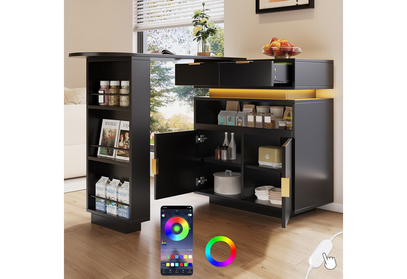 Merax Bartisch 360° drehbar Stehtisch mit LED-Beleuchtung (mobile Kaffeebar, geeignet für Küche/Esszimmer/Wohnzimmer, 1-St., 115–183 × 40 × 99,5 cm), ausziehbar Kücheninsel mit 2 Schubladen, 2 Türen, Regalen und Stauraum