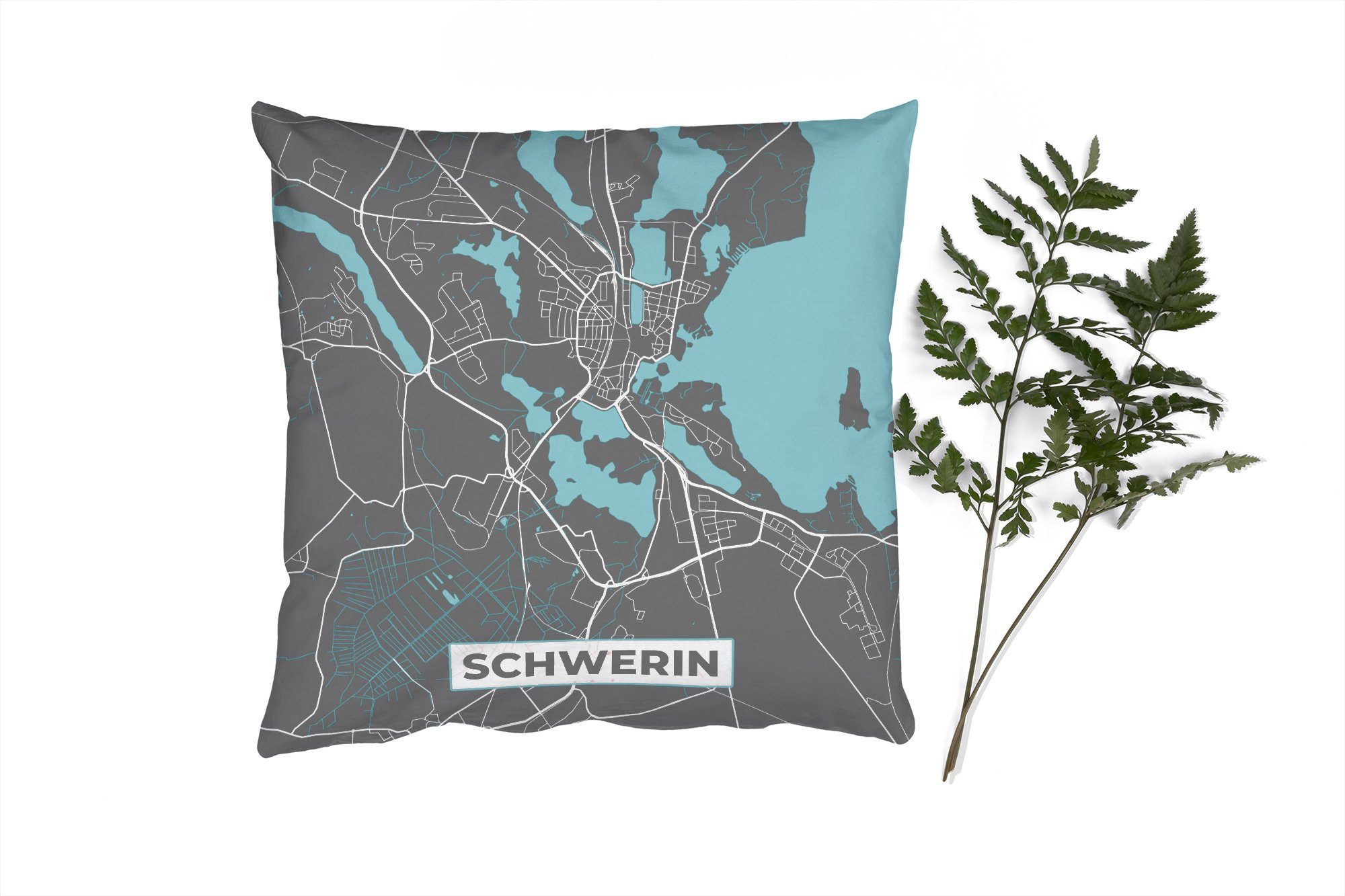 MuchoWow Dekokissen Stadtplan - Schwerin - Deutschland - Karte, Zierkissen mit Füllung für Wohzimmer, Schlafzimmer, Deko, Sofakissen