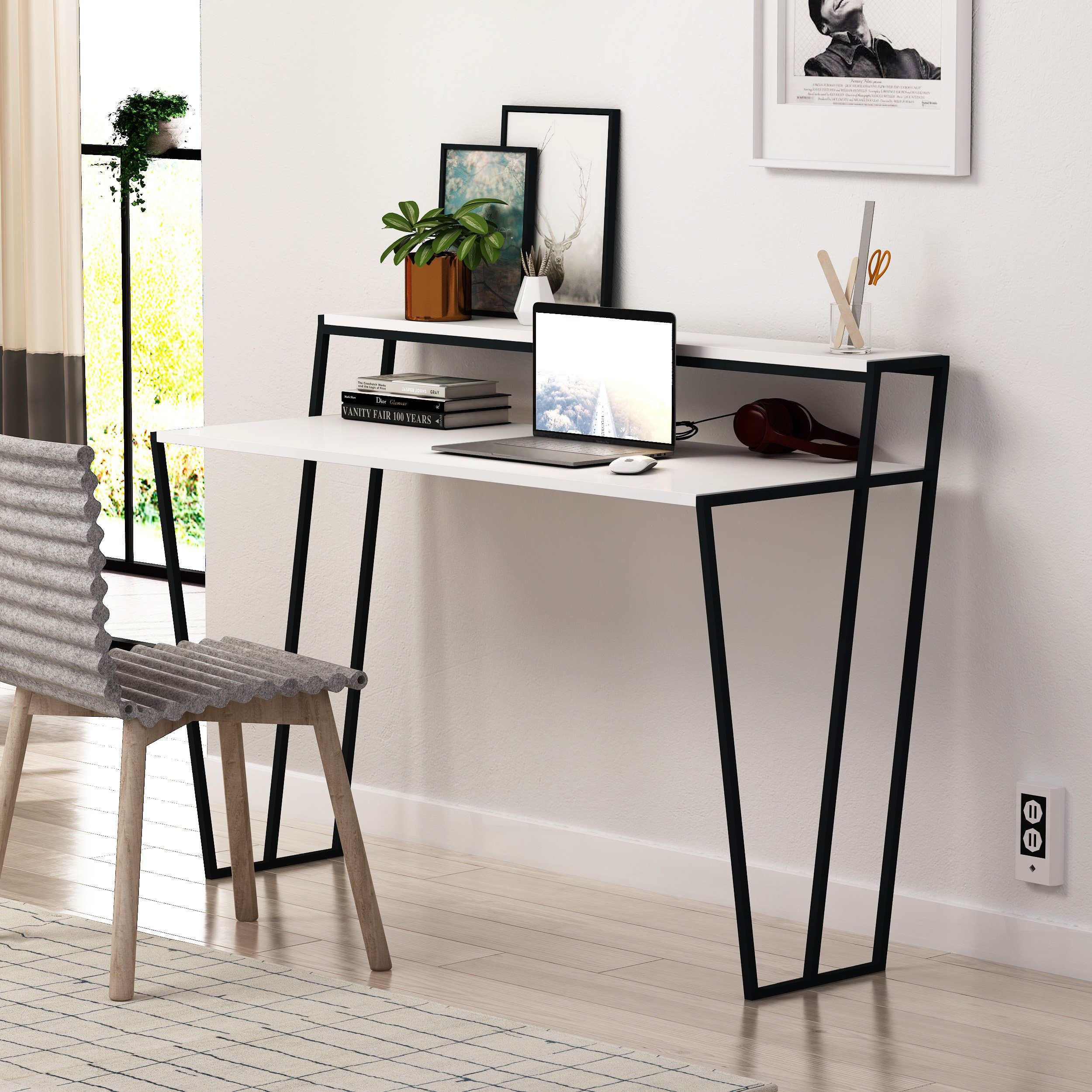 Decortie Schreibtisch Pal (1 Tisch, 1 Tisch), Moderner Schreibtisch mit Monitorfuß, 123 x 57,5 x 91,5 cm weiß