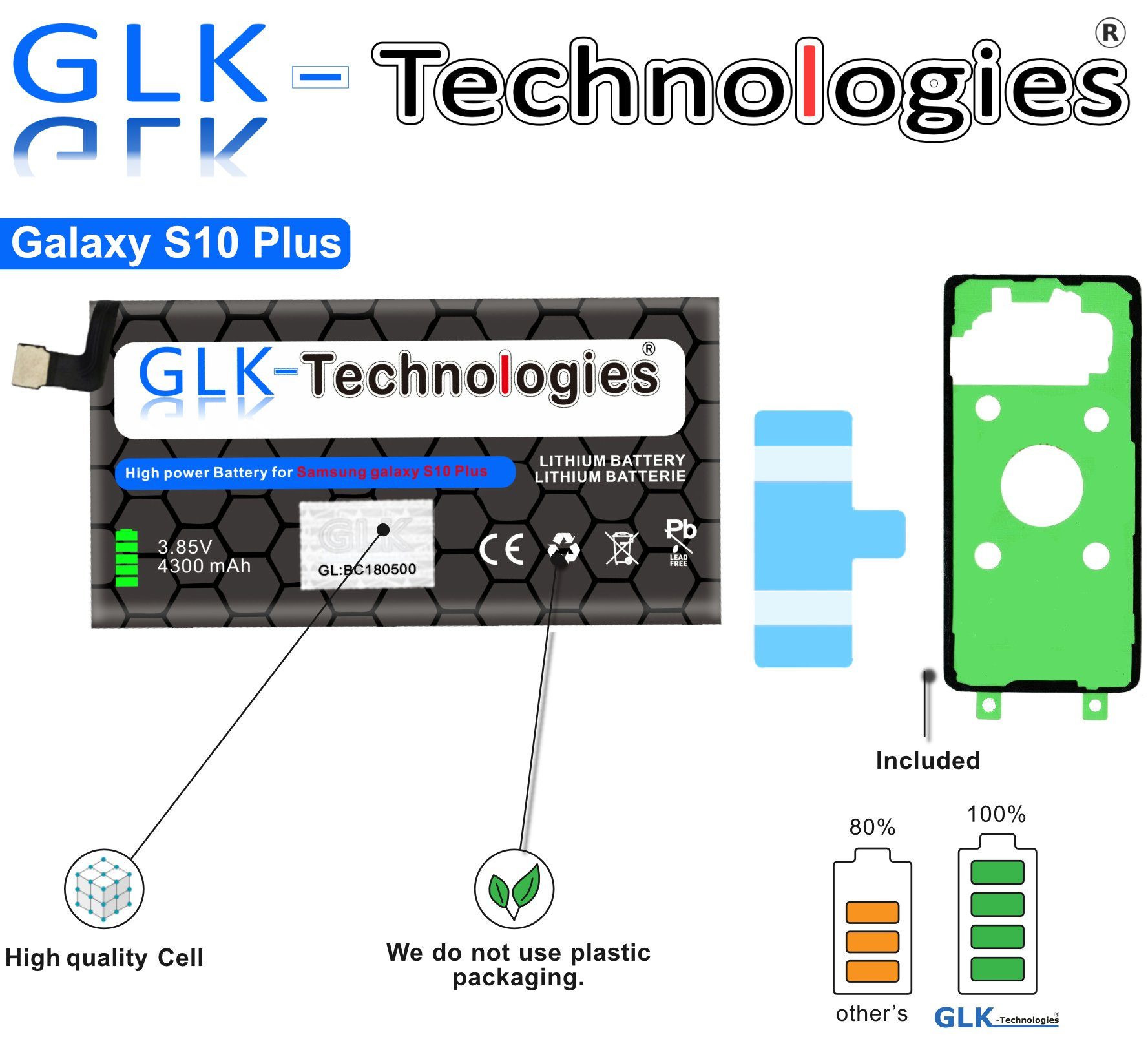 Power mit Ersatzakku S10+ Galaxy Smartphone-Akku High GLK-Technologies mAh Plus S10 kompatibel Ohne Set 4450 Samsung