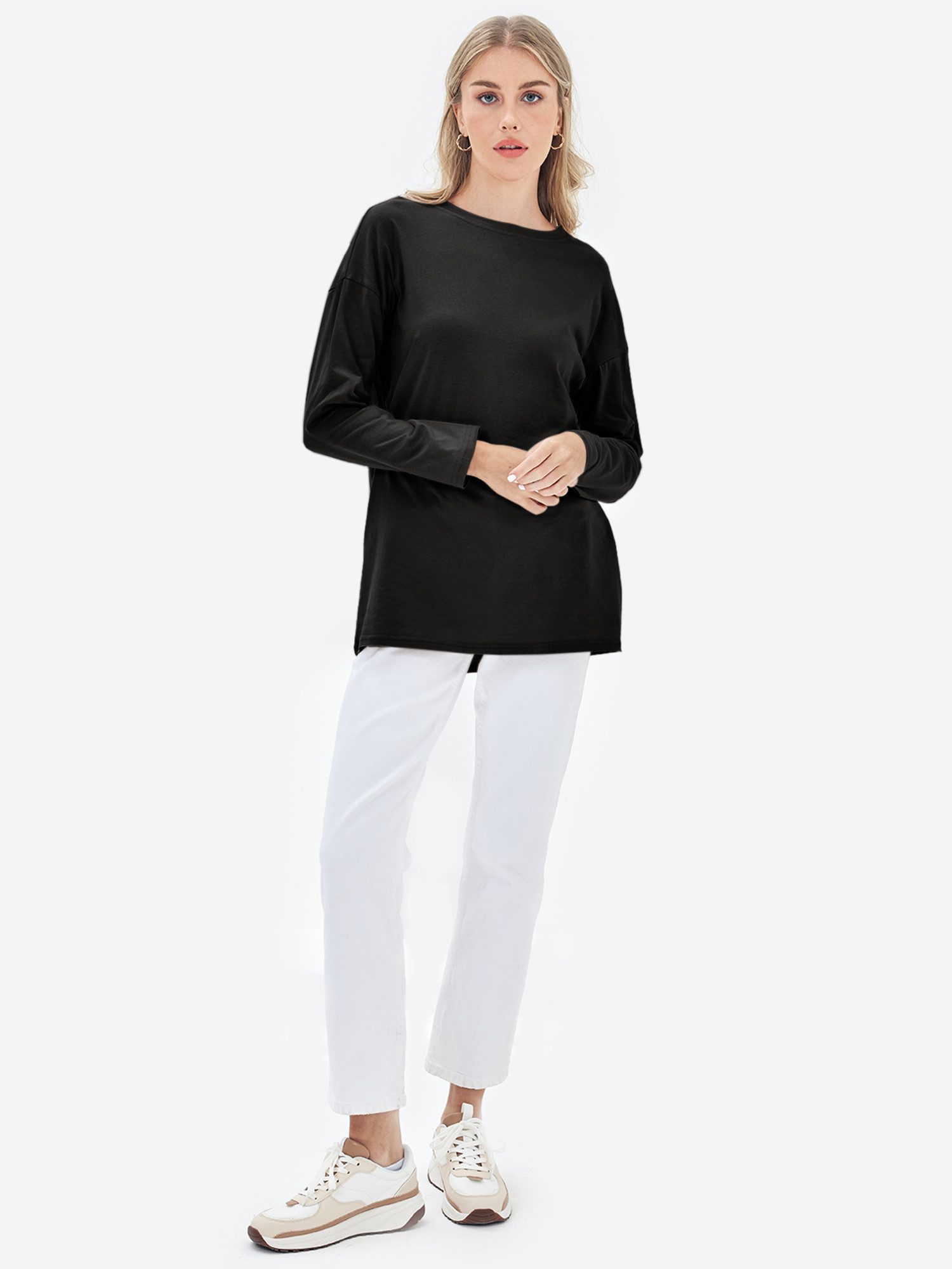 Imily Bela T-Shirt Damen Langarmshirt Oversize mit Rundhal (Packung, 1-tlg., 1per-pack) mit Rundhalsausschnitt