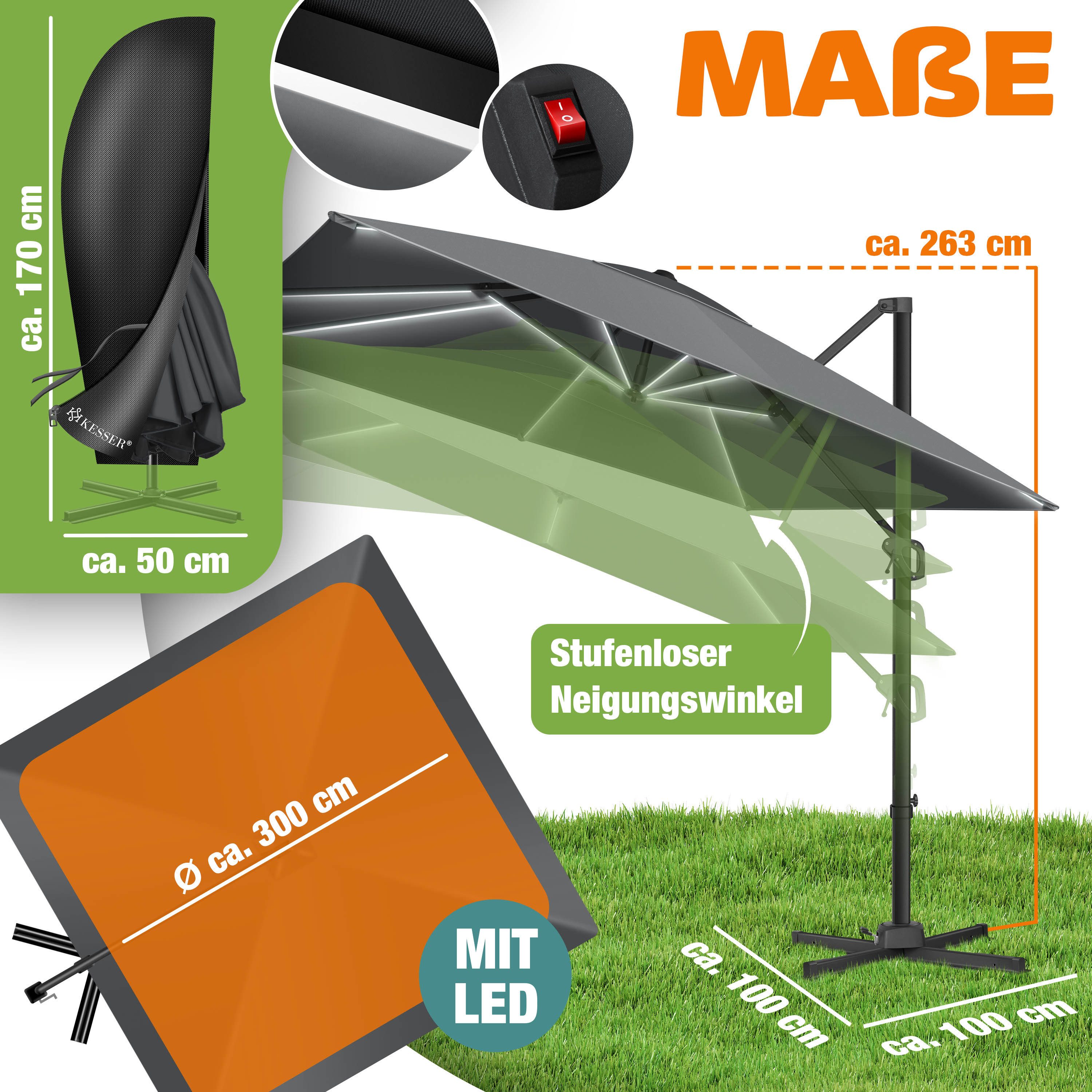 KESSER Ampelschirm, Sonnenschirm SUN XL 300 300 cm Inkl. Abdeckung 360° Drehbar & Neigbar