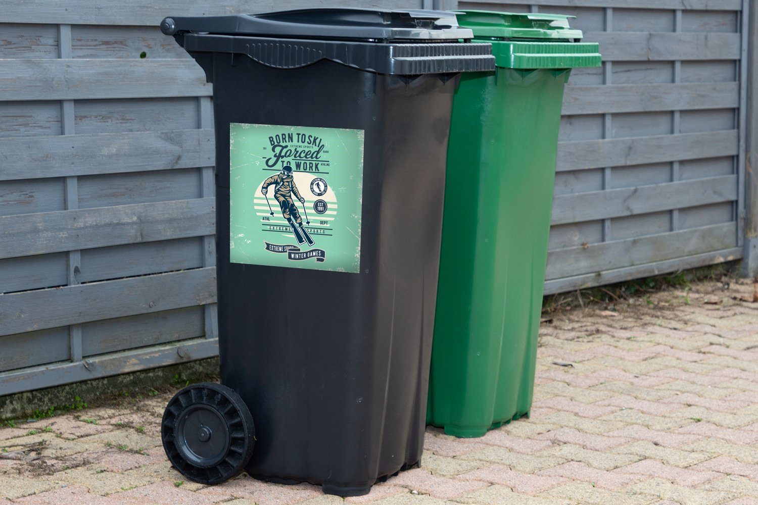 MuchoWow Wandsticker - Mülleimer-aufkleber, Sticker, St), Mülltonne, (1 Container, Abfalbehälter Retro Ski Sport -