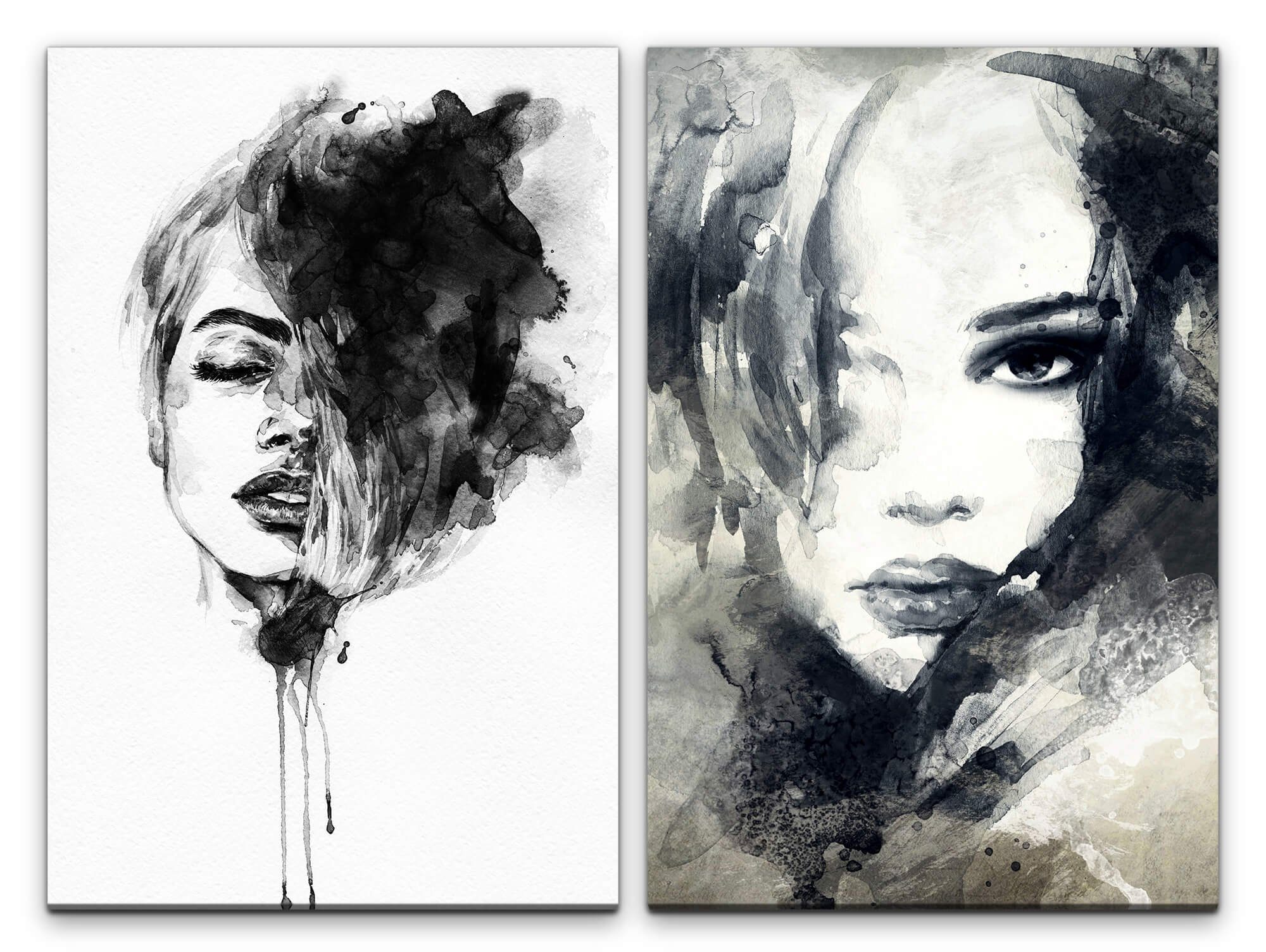 Sinus Art Leinwandbild 2 Bilder je 60x90cm Frauen Porträt Kunstvoll schönes Gesicht Sinnlich Schwarze Farbe Dekorativ Chic. € 37,00