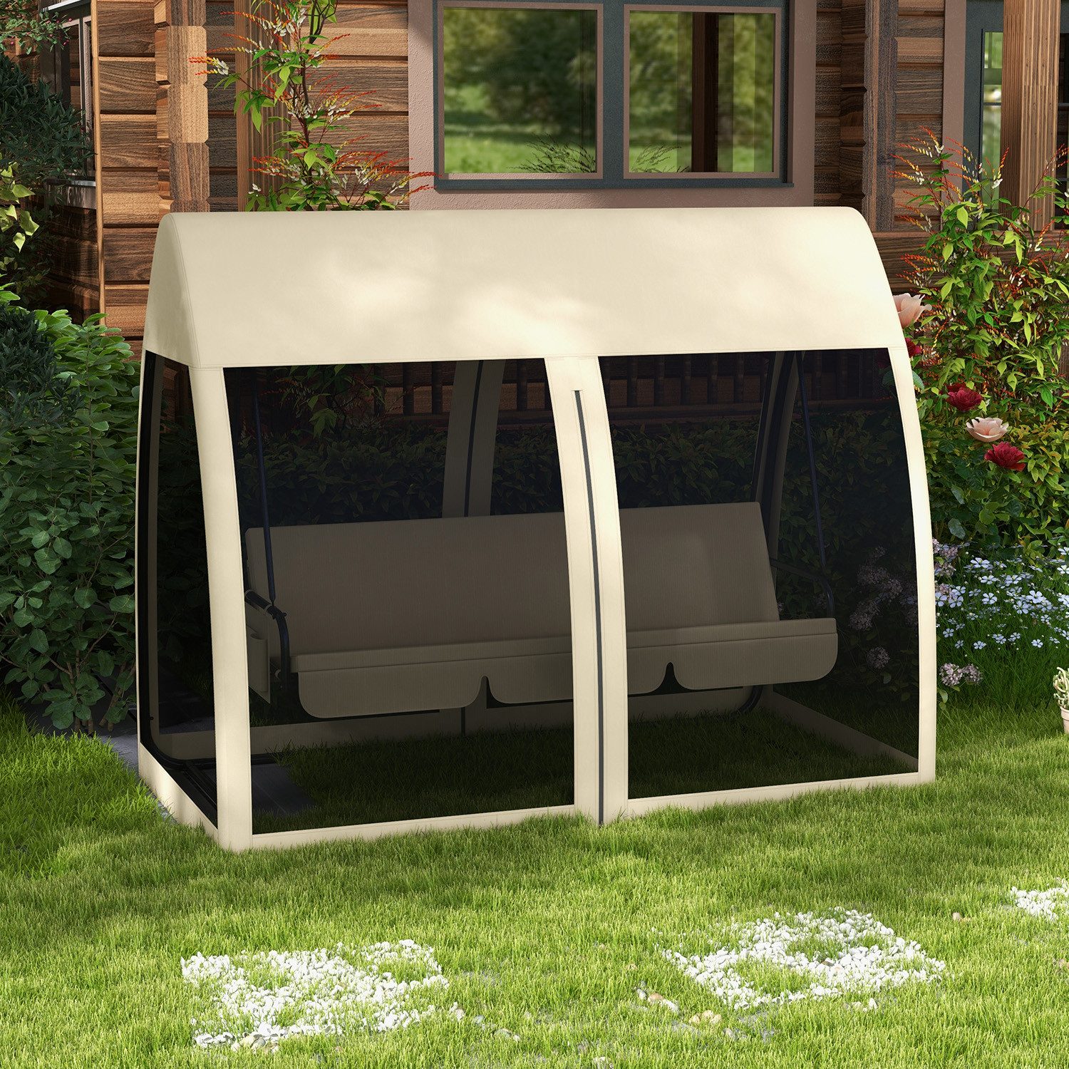 Outsunny Hollywoodschaukel Gartenschaukel mit Liegefunktion, Baldachin, Gartenliege, 3-Sitzer, Bettfunktion, 3-Sitzer Gartenschaukel, 1 tlg., Schaukelbank, für Garten, Terrasse, 240 x 140 x 197 cm, Kaffee