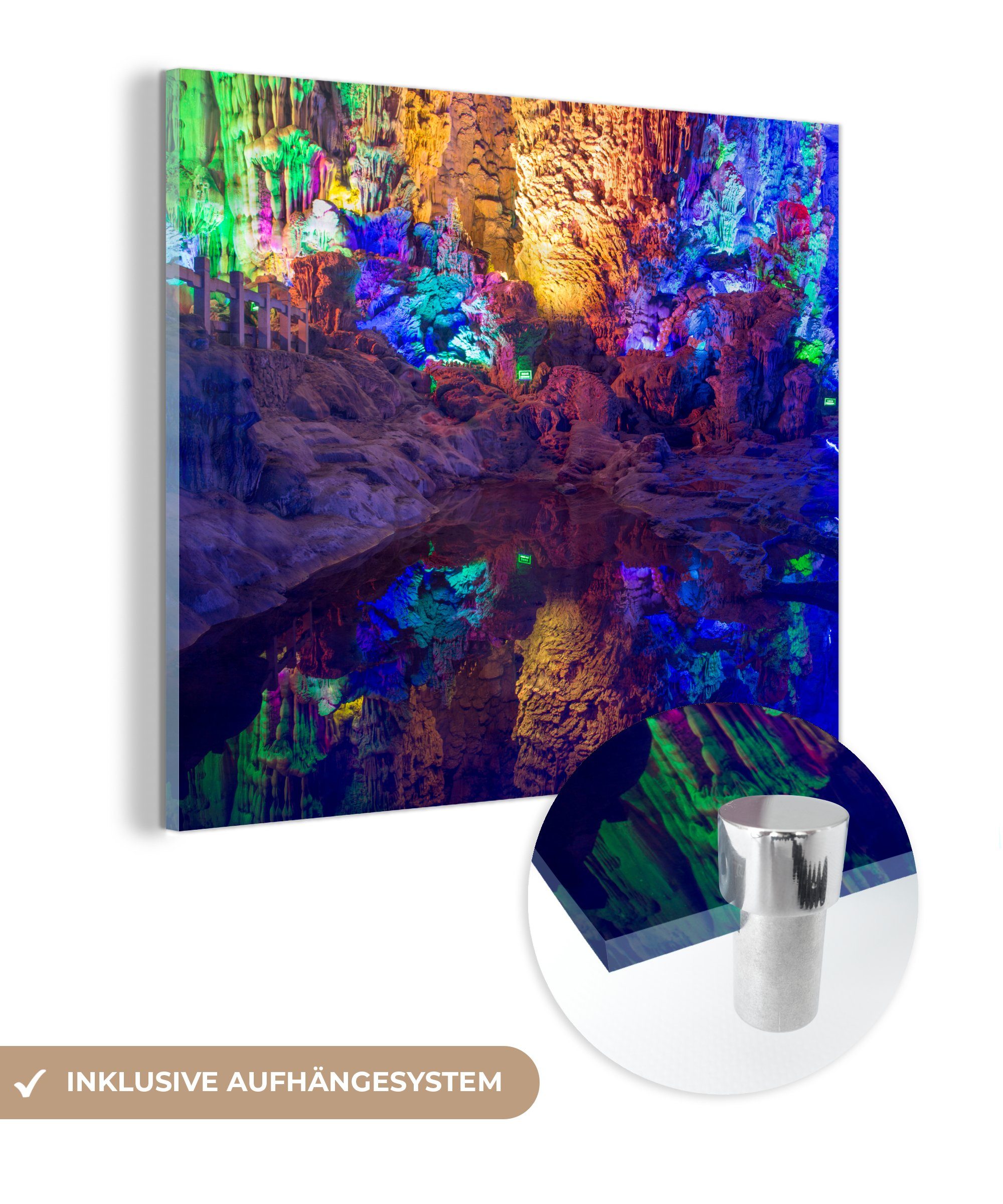 MuchoWow Acrylglasbild Die bunten Lichter in der Schilfrohrflötenhöhle in China, (1 St), Glasbilder - Bilder auf Glas Wandbild - Foto auf Glas - Wanddekoration