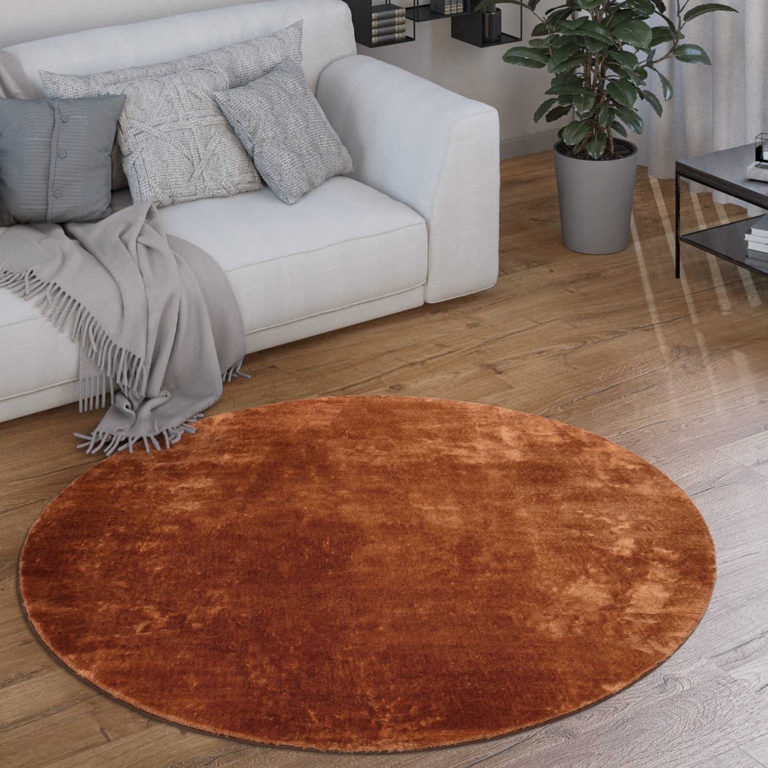 KADIMA DESIGN Teppich waschbar Unifarben Wohnzimmer schmutzabweisend Teppich Kurzflor, Rund, Höhe: 14 mm, Florhöhe: 10 mm, Polyester, Rund, 80D, Kupfer