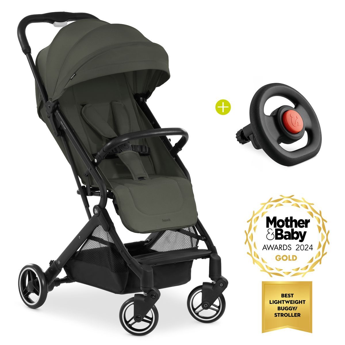 Hauck Sportbuggy Travel N Care - Dark Olive, Reisebuggy Sportwagen mit Liegefunktion inkl. Lenkrad bis 22 kg