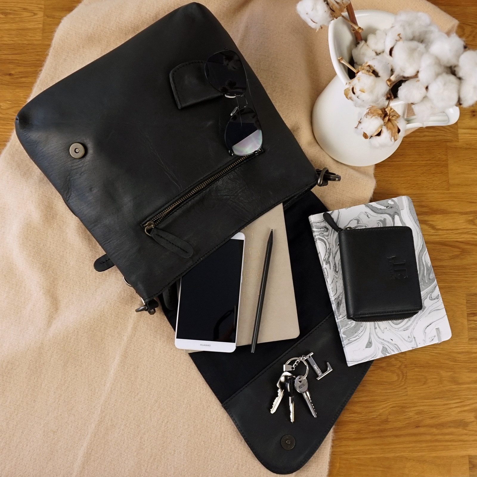 LECONI Umhängetasche Ledertasche Schultertasche Damen Handtasche echt Leder LE3027, Überschlag + Reißverschluss – viele Fächer – 29 × 29 × 6 cm