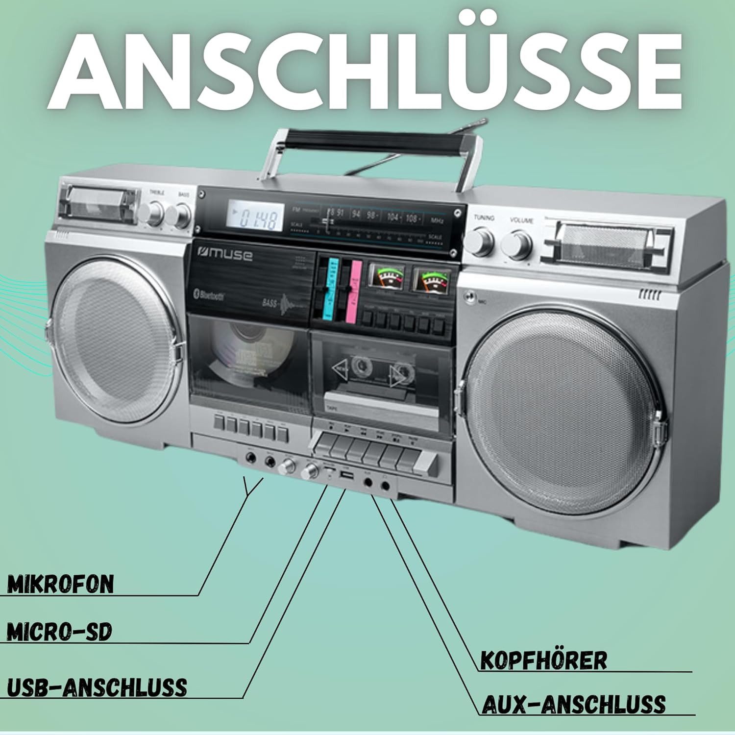 Muse Bluetooth Retro mit Radio, CD, Kassettenrekorder Boombox (CD / CD-R / CD-RW / MP3)