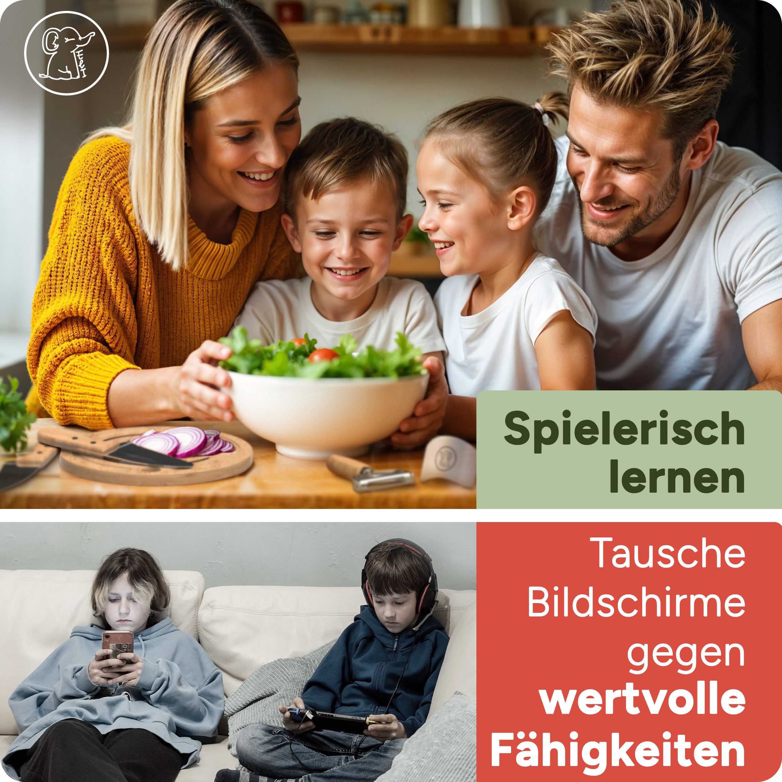 Eli Kinderkochmesser Küchenmesser Kinder Set inkl. Schneidebrett, Schäler und Fingerschutz, 5 teiliges hochwertiges Schneidemesser Set - rostfreier Edelstahl