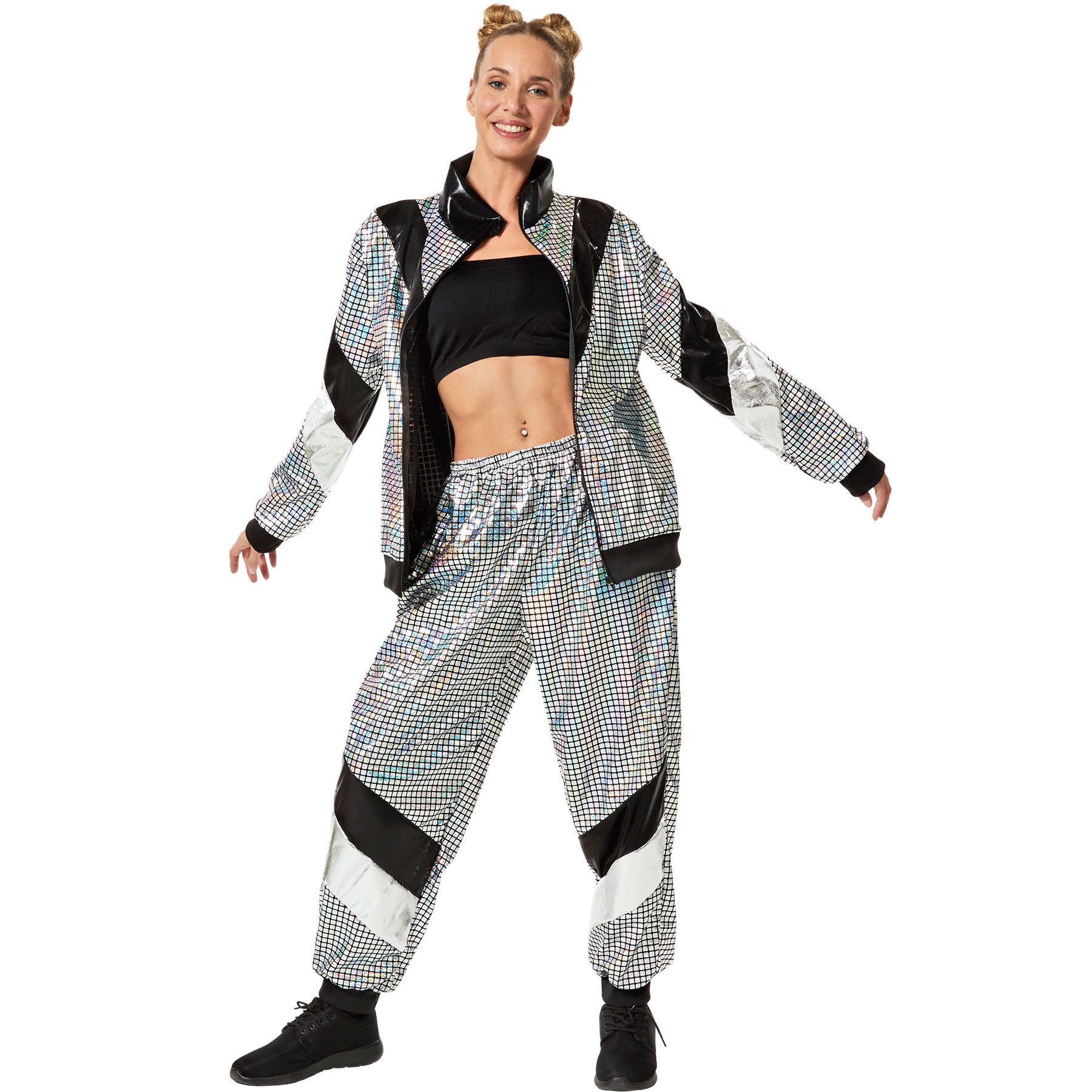 dressforfun Kostüm Retro-Trainingsanzug, Gr. S, Jacke und Hose im glänzenden Retro-Look, 80er-Jahre-Jogginganzug 80er 90er Jahre Disco Jogginganzug, in silber