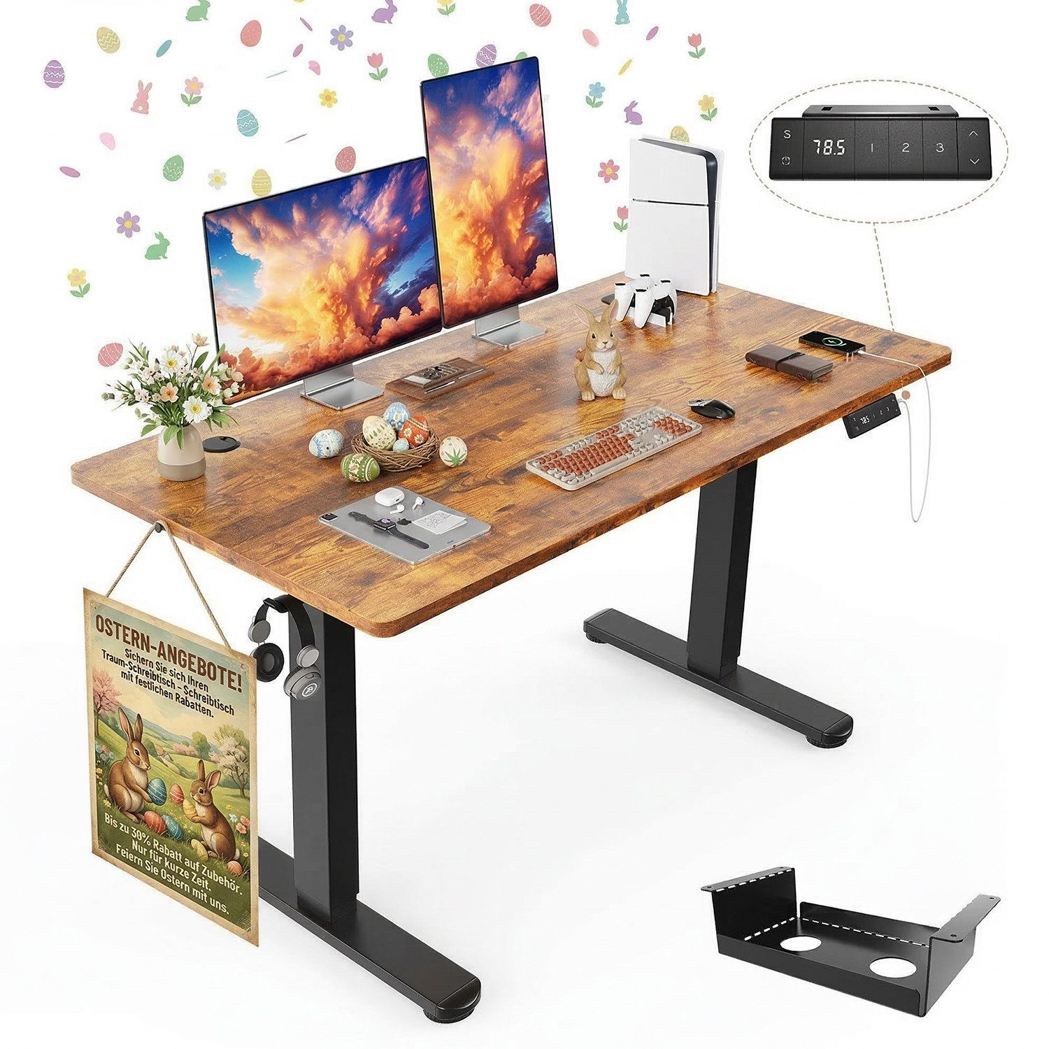 HOMALL Schreibtisch Höhenverstellbarer Schreibtisch mit 3 Höhen-Speicherfunktionen (Mehrere Größen: 120/140/160/180/200 cm, mit 1 USB-Ladeanschluss, Tischplatte mit einer Tiefe von 80 cm Der Tisch besteht aus vier Tischplatten)