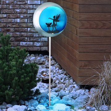 Globo LED Solarleuchte, LED-Leuchtmittel fest verbaut, Warmweiß, Steckleuchte Solarlampe Außenleuchte LED Fee blau silber Erdspieß 3x