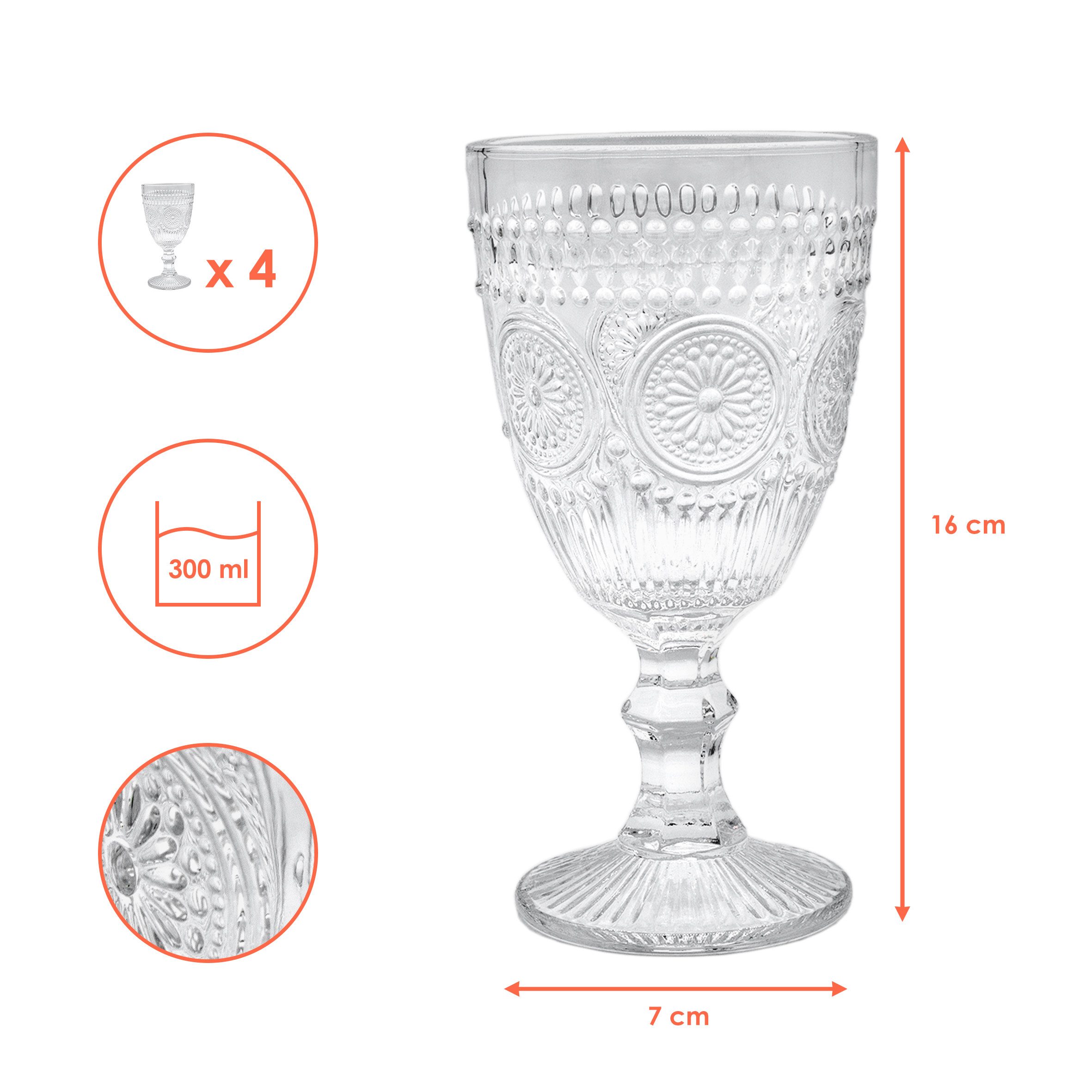Spetebo Weinglas Retro Weinglas 300 ml transparent - 4er Set, Glas, Vintage Trinkglas mit Relief Muster, spülmaschinengeeignet