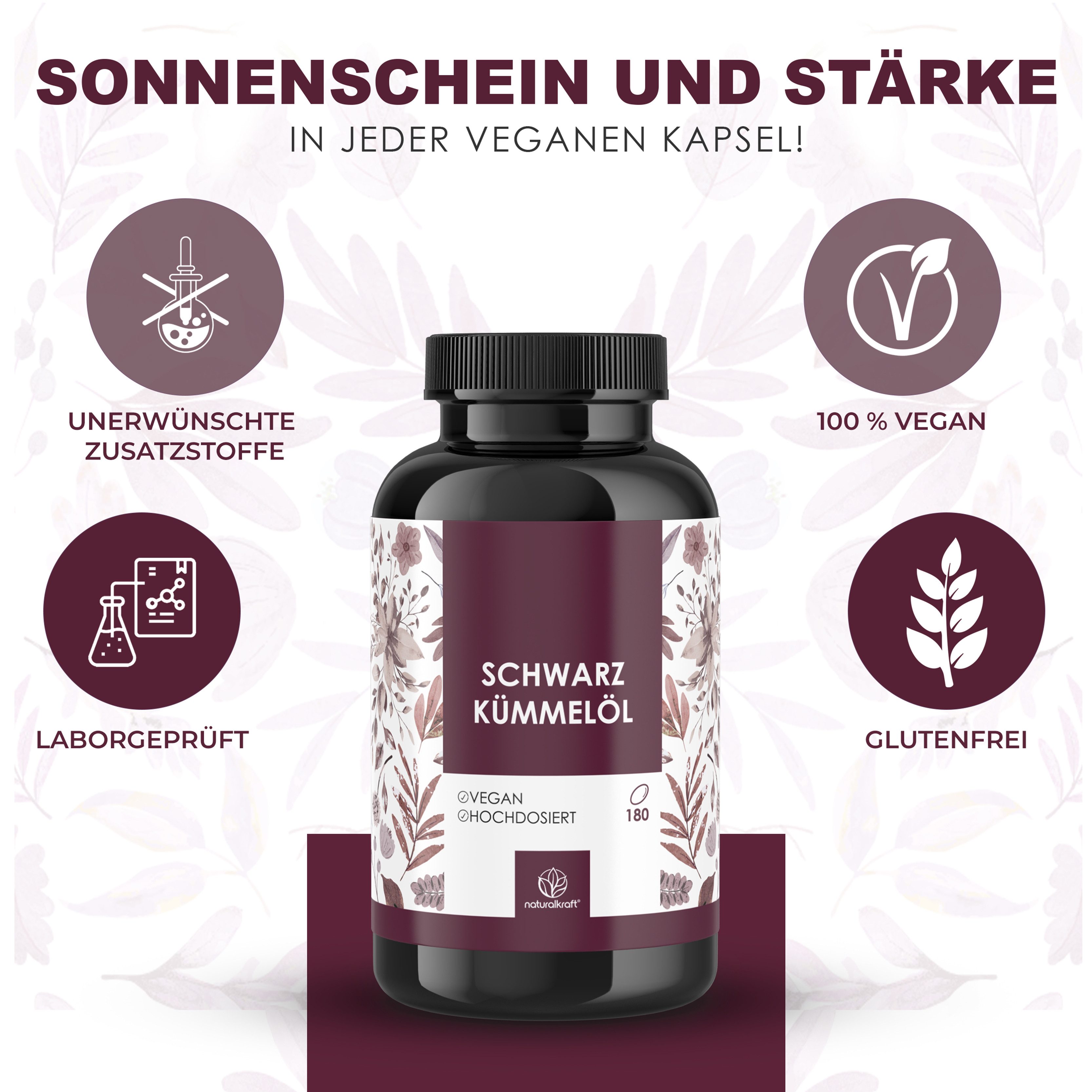 Naturalkraft Premium Schwarzkümmelöl Kapseln Täglich 1 Weichkapsel mit ausreichend Flüssigkeit einnehmen. Nahrungsergänzungsmittel sollten nicht als Ersatz für eine ausgewogene und abwechslungsreiche Ernährung verwendet werden., 236 g