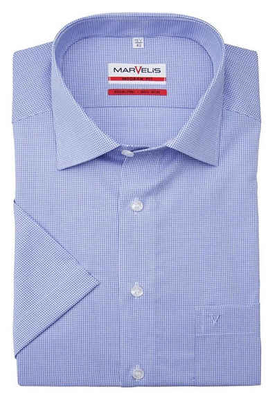 MARVELIS Kurzarmhemd Businesshemd - Modern Fit - Kurzarm - Vichykaro - Blau