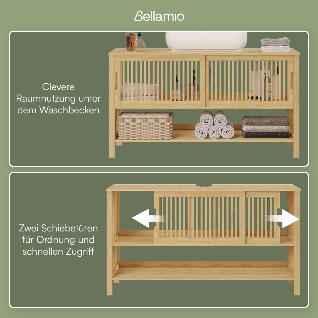 Bellamio Waschbeckenunterschrank Newa, Badezimmerschrank mit zwei Ablagefächern (100 cm breit, mit Schiebetüren, 1-St) aus natürlichem Bambus, robust und langlebig, mit 2 Fächern