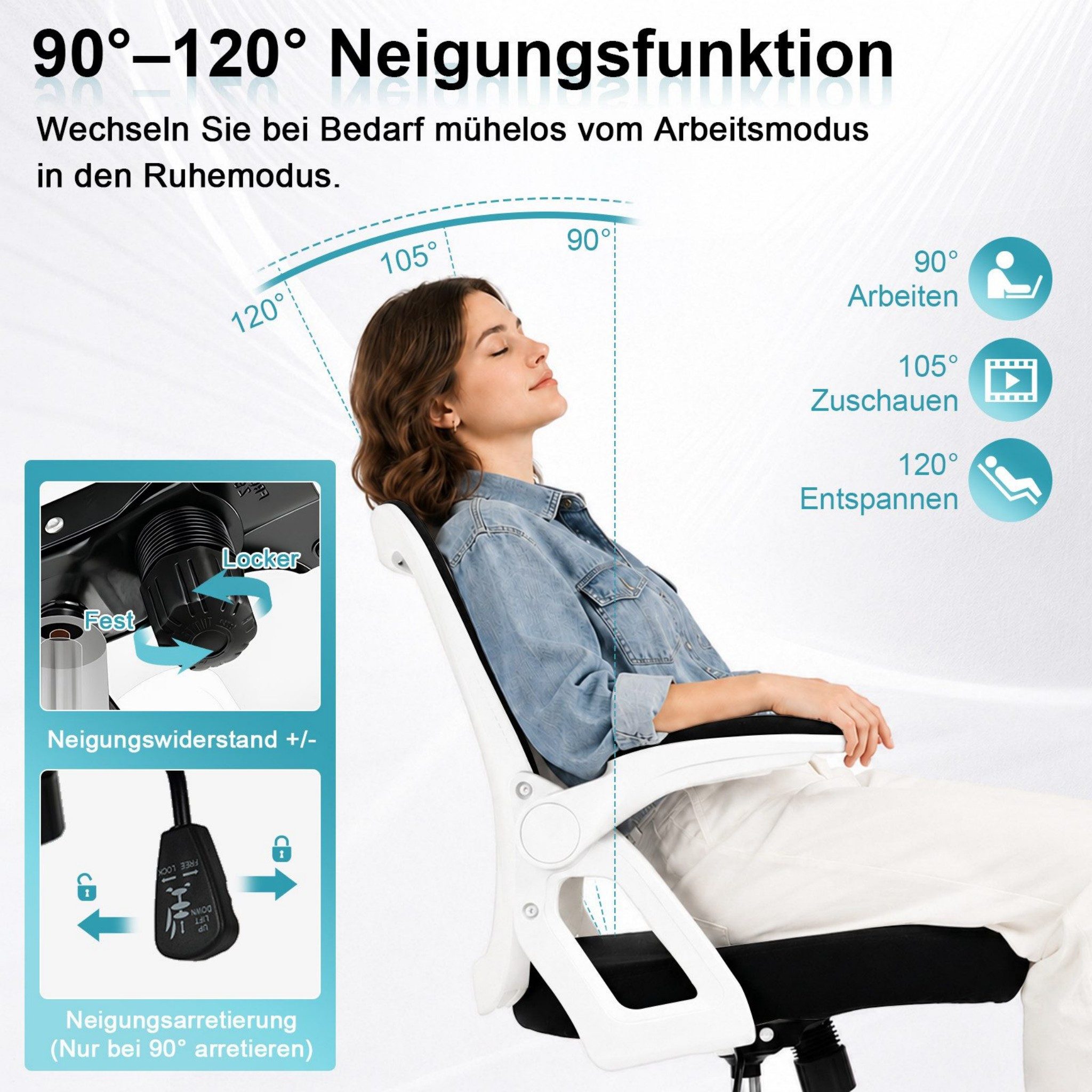 Milacyee Bürostuhl Ergonomischer Bürostuhl mit 90° klappbaren, gepolsterten Armlehnen (Höhenverstellbarer Atmungsaktiv Chefsessel mit geräuscharmen Rollen,Drehs – Bild 3 von 5
